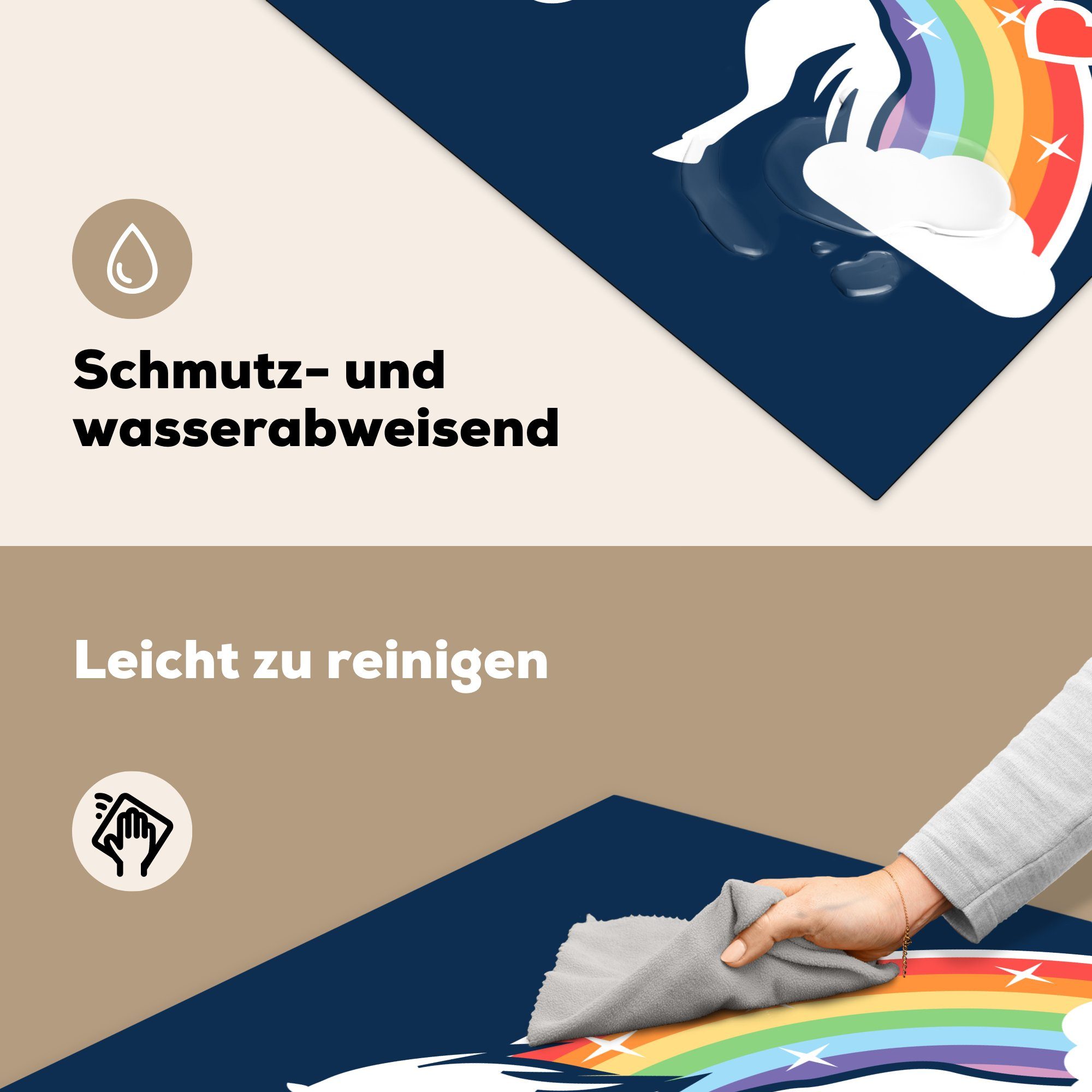 auf, Eine Illustration 78x78 Ceranfeldabdeckung, cm, Vinyl, von tlg), Regenbogen weißen Herdblende-/Abdeckplatte Einhorn vor einem Arbeitsplatte (1 MuchoWow einem für küche