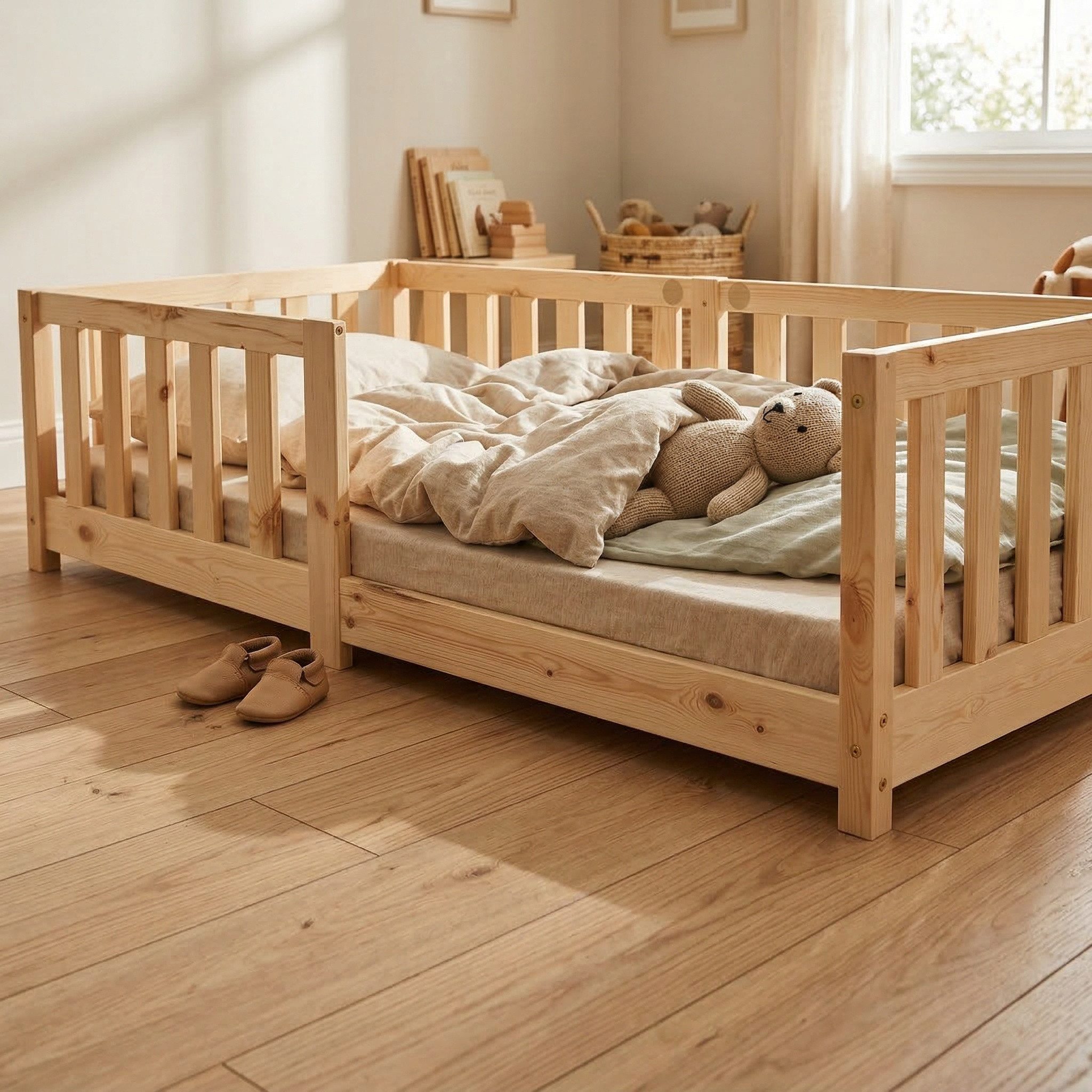 ecoMI Kinderbett mit Rausfallschutz inkl. Lattenrost, 90x200 & 80x160, Weiß & Natur, mit Rausfallschutz inkl. Lattenrost, 90x200 & 80x160, Weiß & Natur