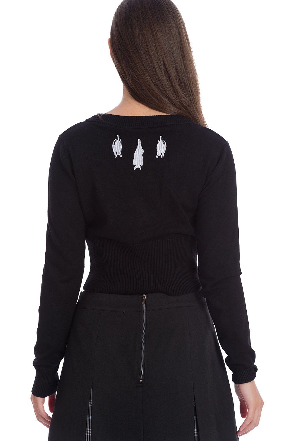 Banned Strickjacke Gothic Bat Lady Bestickte Fledermäuse Cardigan – Bild 2 von 3