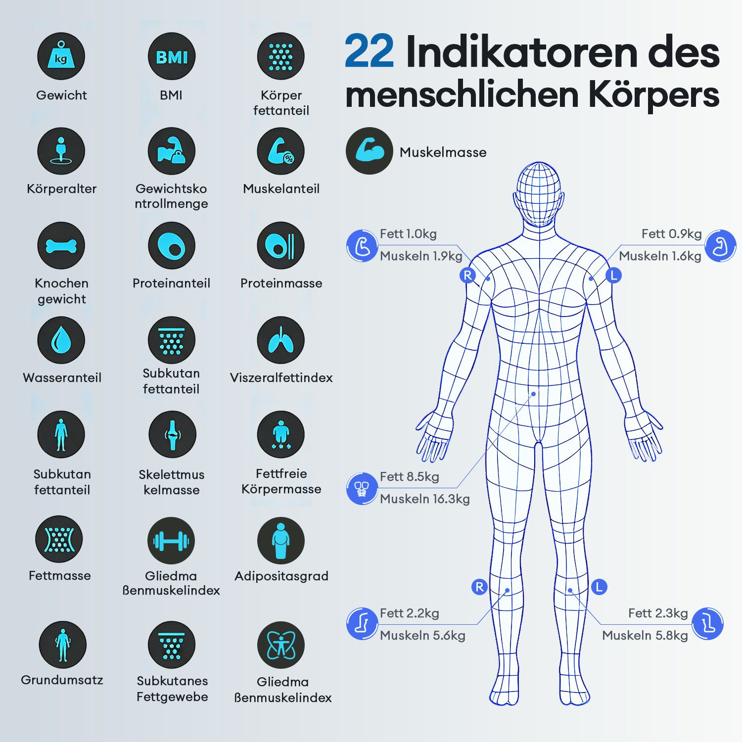 CkeyiN Pro Körper-Analyse-Waage Körperfettwaage mit 8 Elektroden,Ganzkörperanalyse Waage,Personenwaage, mit 22 Körperparametern,Bluetooth App,180 kg/400 lbs, für 8 Nutzer, Großem Display,mit Körperfett und Muskelmasse,Protein, BMI