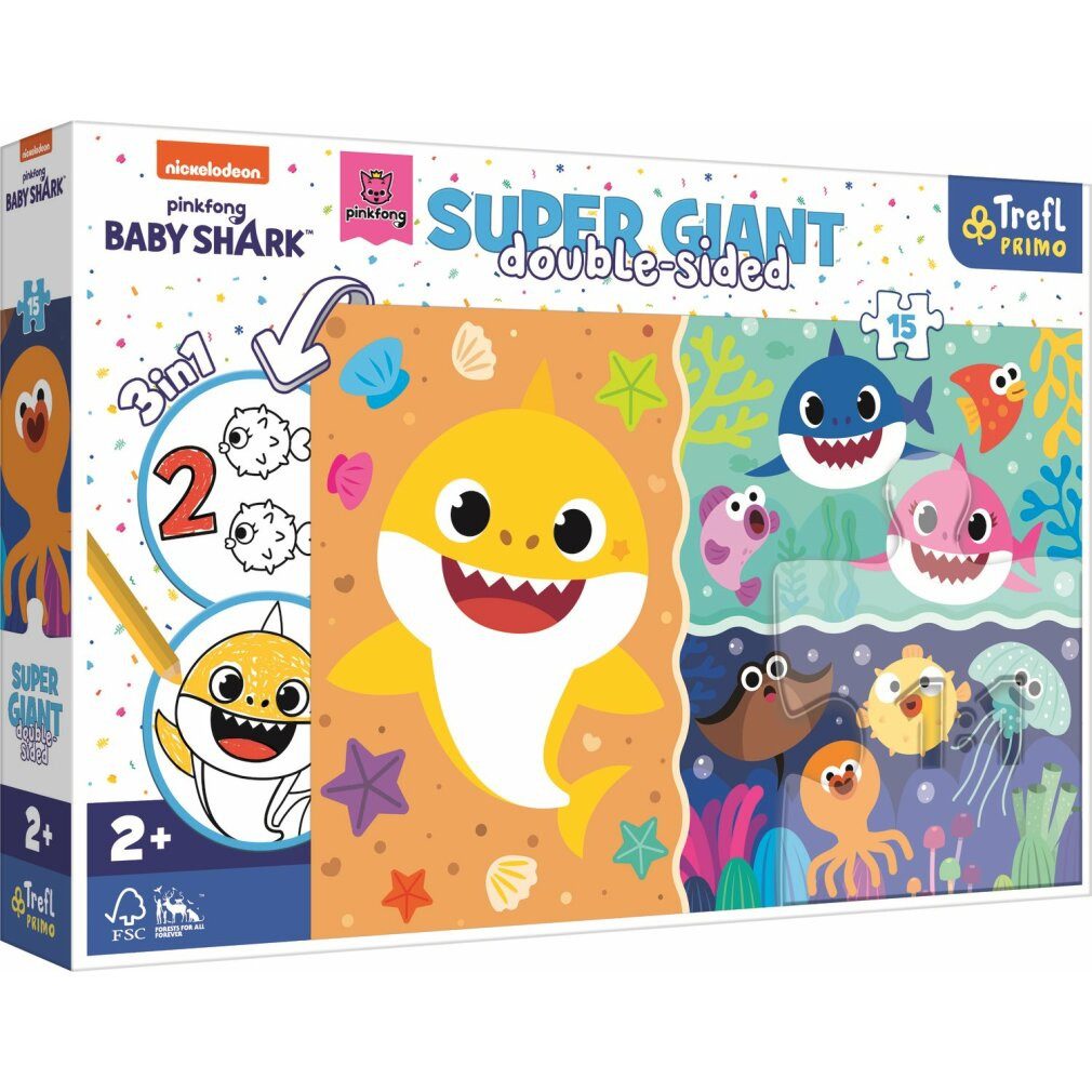 Trefl Puzzle Doppelseitiges Puzzle Baby Hai SUPER GIANT 15 Teile, Puzzleteile