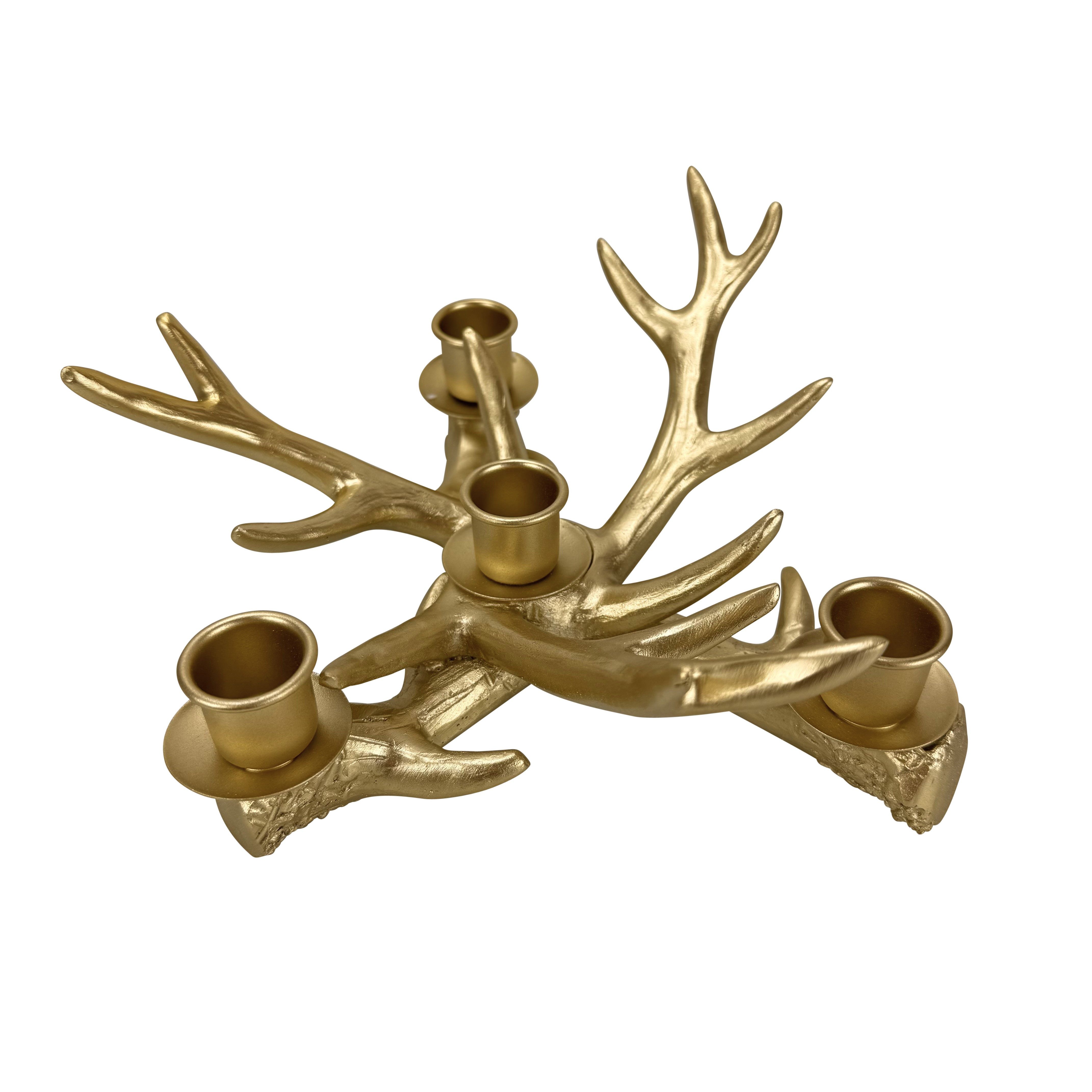 Online-Fuchs Kerzenständer Hirschgeweih für 4 Stabkerzen - Stabkerzenhalter, Adventskranz (Weiß oder Gold, aus Kunstharz (Polyresin), Dekoration im Herbst, Winter und zu Weihnachten