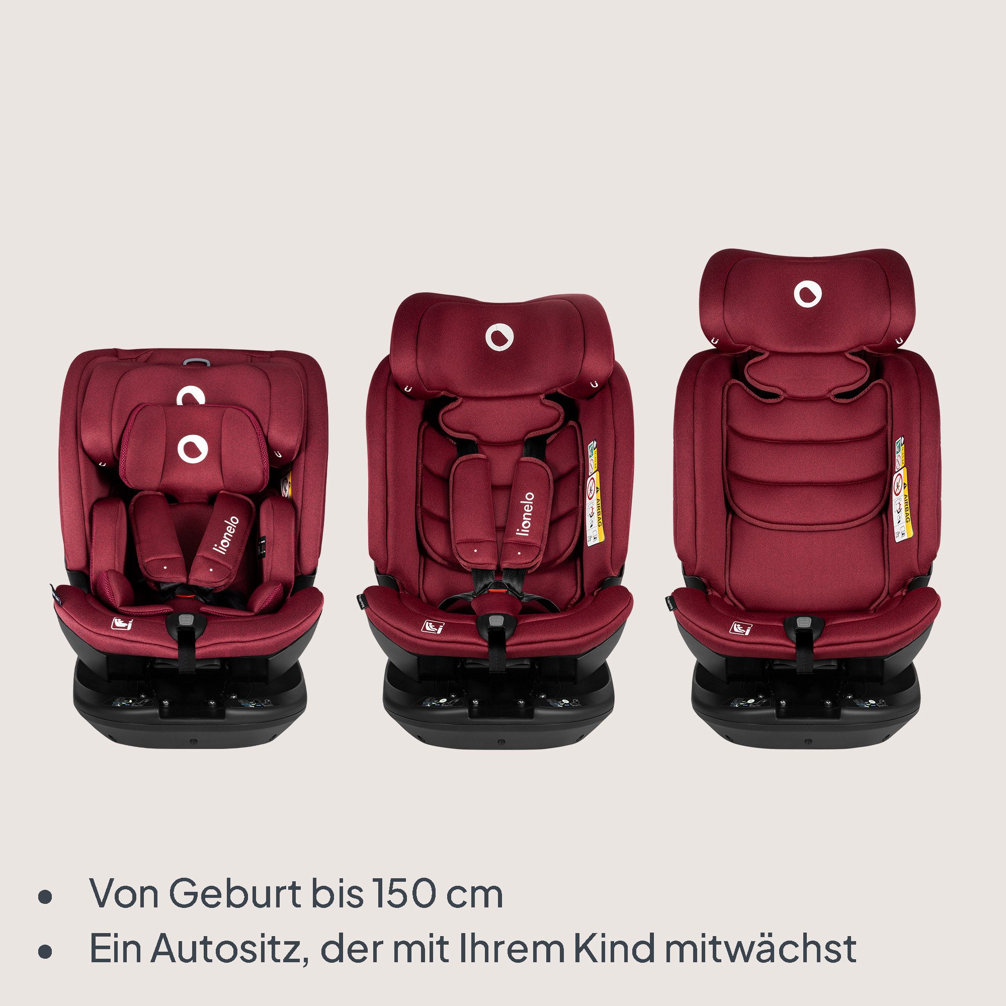 lionelo Autokindersitz Bastiaan RWF i-Size, ab: ab 0, bis: bis 150 cm (36kg), ab: 40,00 cm, bis: 150,00 cm, (Set), 4 Sitze in 1/360' drehbare Basis / ISOFIX / Top-Tether