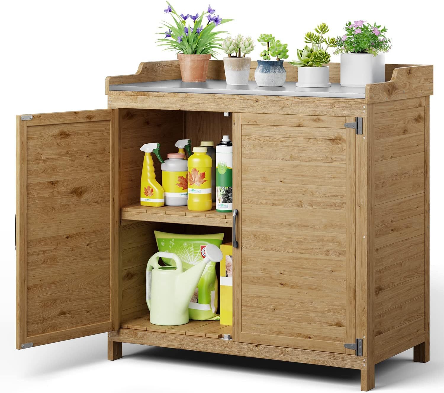 Blishom Garten-Geräteschrank Wetterfester in Holz-Gartenschrank mit Metall-Arbeitsplatte, 98 × 48 × 95 cm, Gartenpflanzbank mit Stauraum