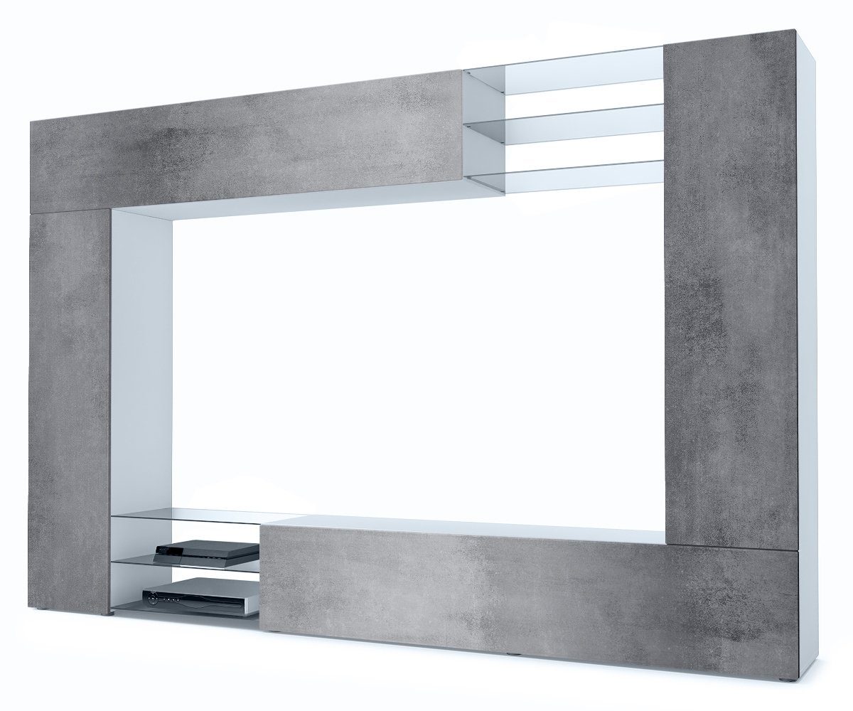Vladon Wohnwand Mirage, (Anbauwand mit Rückwand mit 2 Türen, 4-St., 2 Klappen und 6 offenen Glasablagen), Weiß matt/Beton Dunkel Optik (262 x 183 x 39 cm)