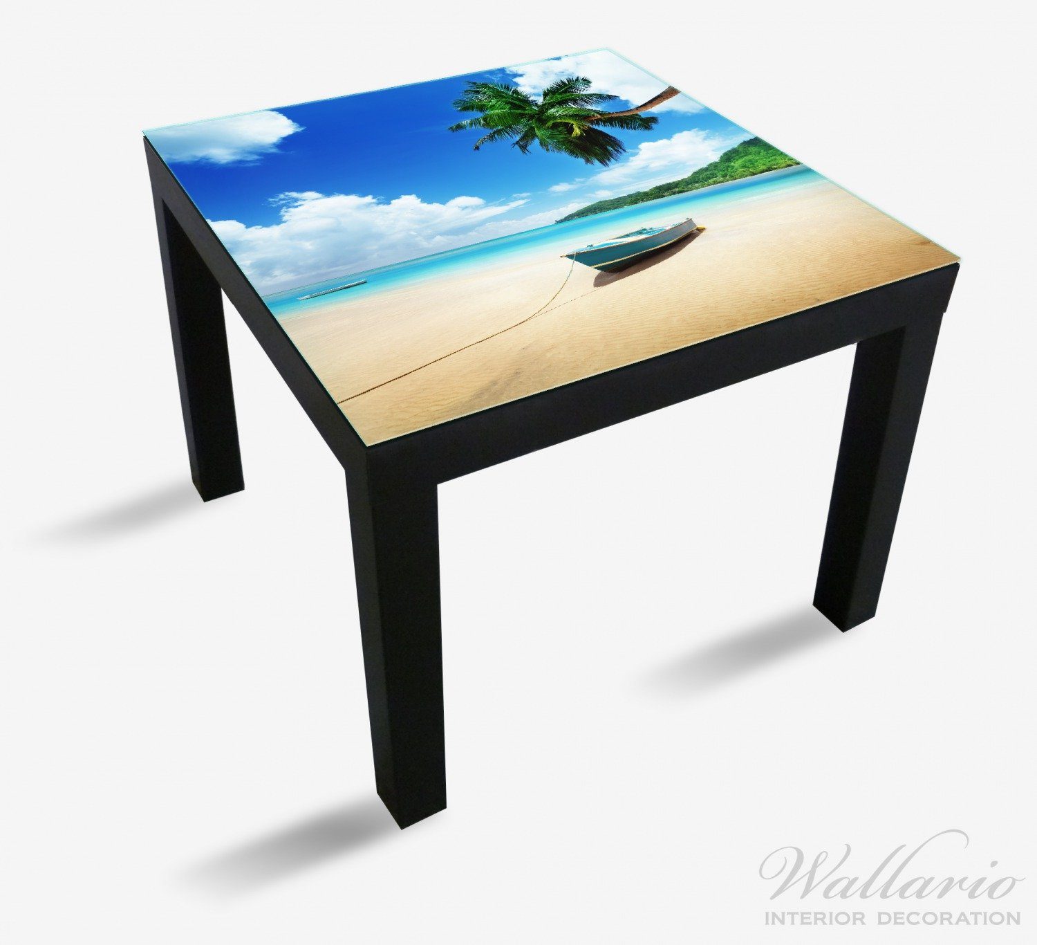 Lack geeignet St), Palmen unter am Tischplatte Palmenstrand Fischerboot Urlaub für mit Wallario (1 Tisch Ikea