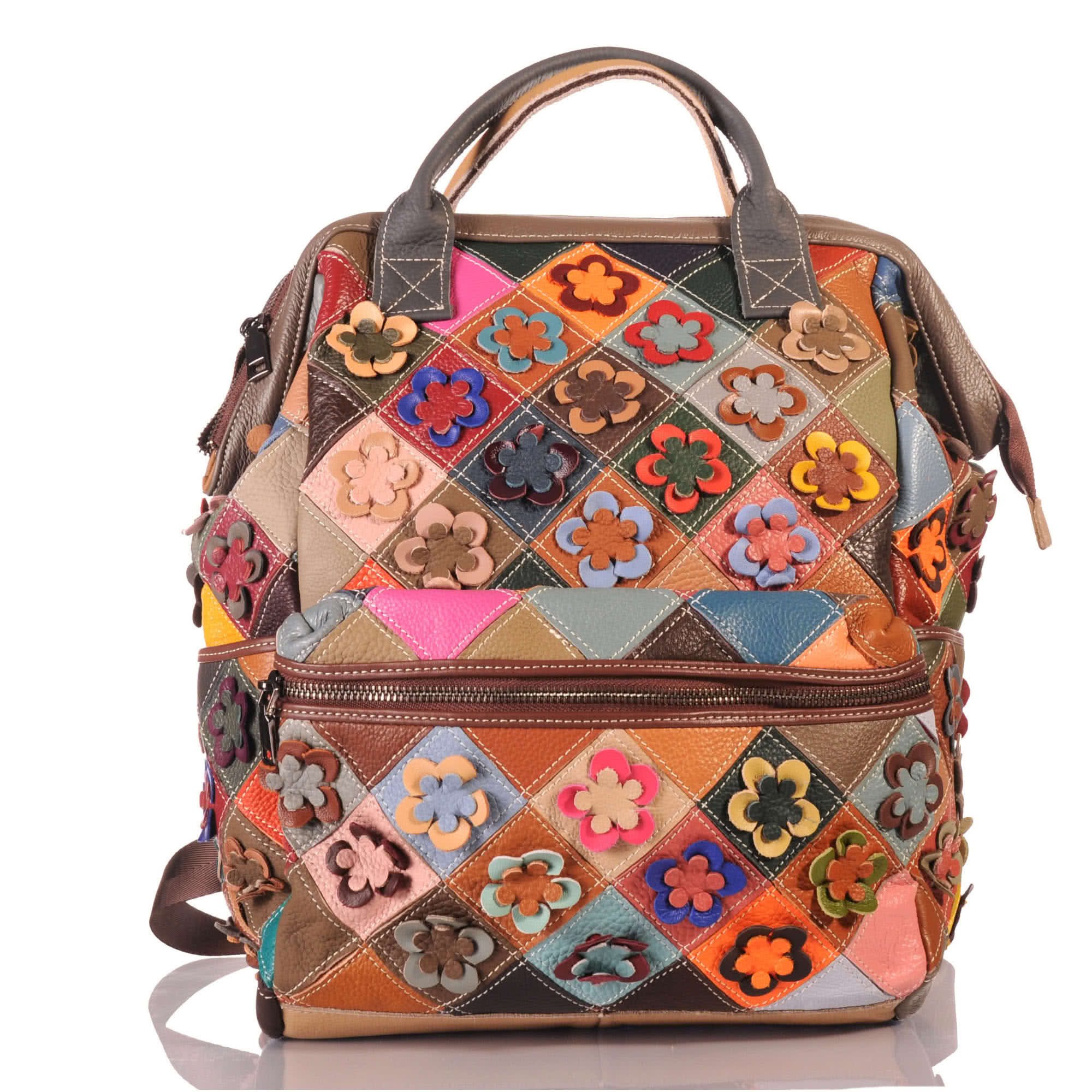 KMISSO Henkeltasche Handgefertigter City Backpack Pachwork Rucksack Blumen Leder bunt 3068 (1-tlg), im eleganten Look