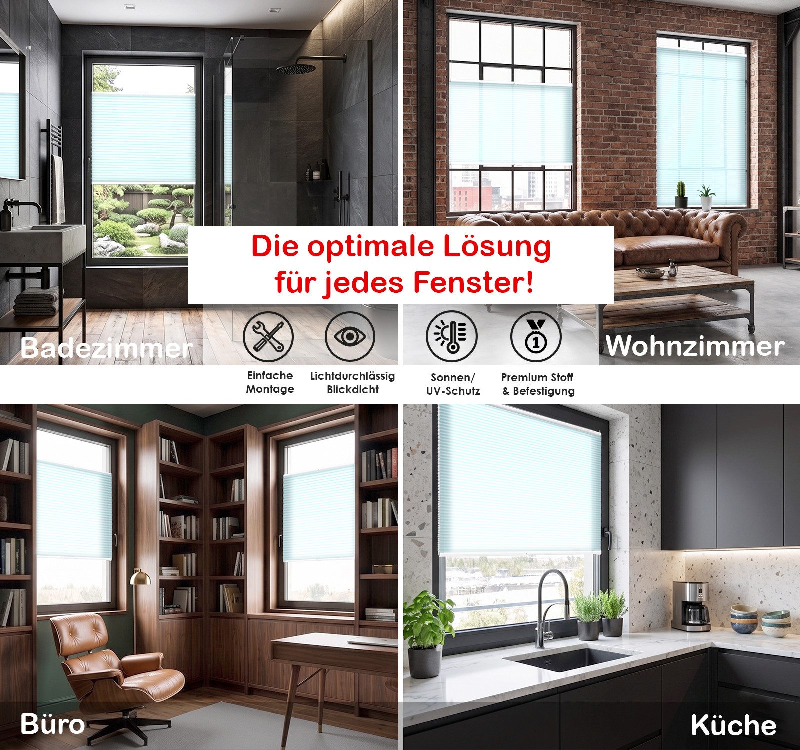 Rikmani Plissee Plissee ohne Bohren, lichtdurchlässig, 40x100cm, blickdicht, Klemmfix, Verspannt, UV-Schutz, einfache Montage