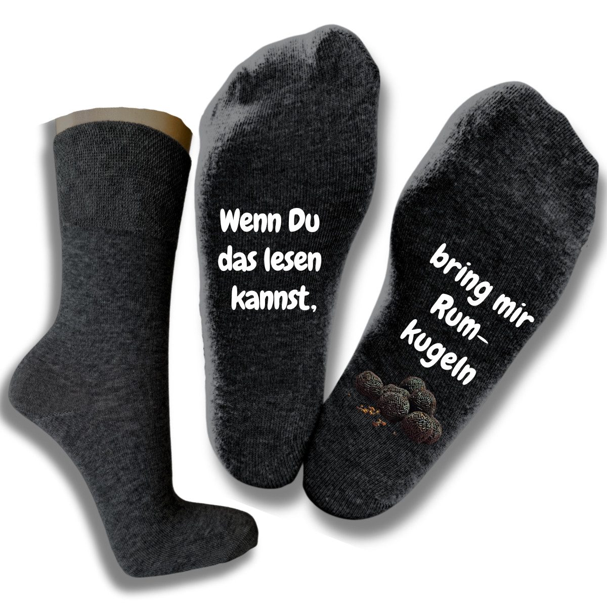 Freizeitsocken Lustige Spruchsocken "...bring mir Rumkugeln"