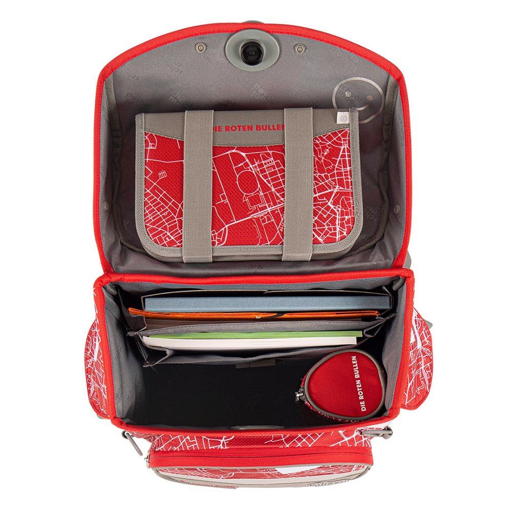 SCHOOL-MOOD® Schulranzen Timeless Air+ für Jungen von der 1. bis 4. Klasse Grundschule (Set, 6-tlg), im Red Bull Leipzig Stil mit passenden Patchies