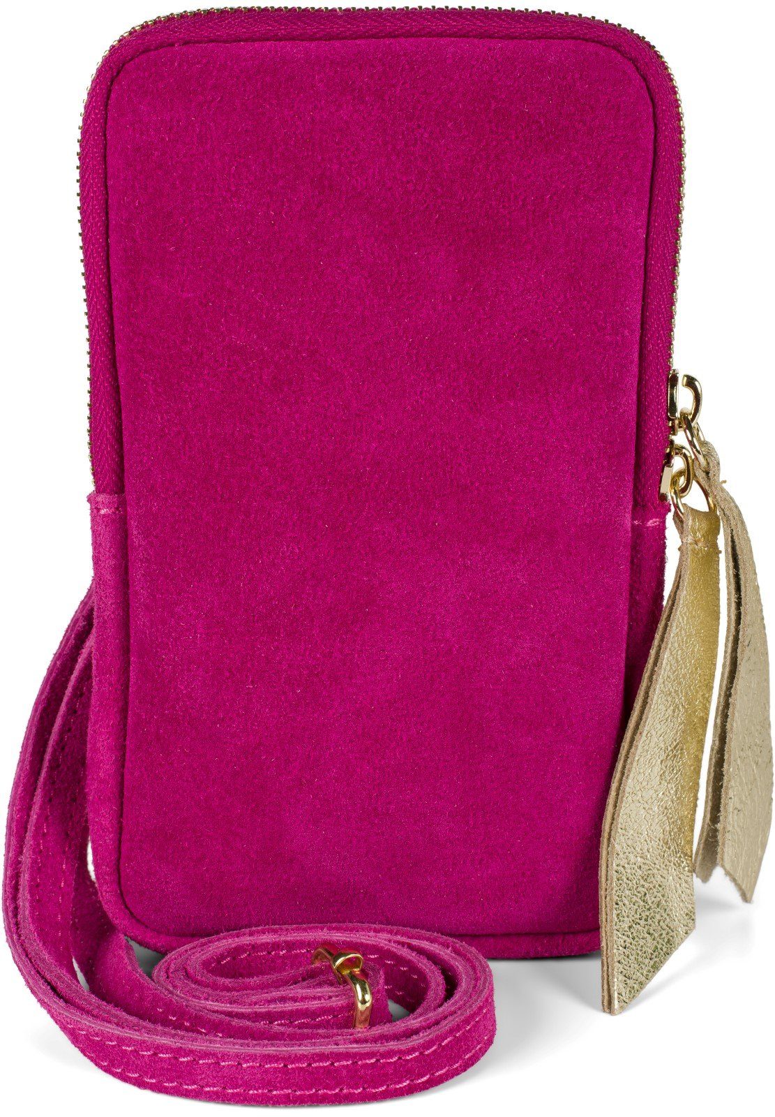 styleBREAKER Mini Bag (1-tlg), Echtleder Handy Umhängetasche Veloursleder Fuchsia