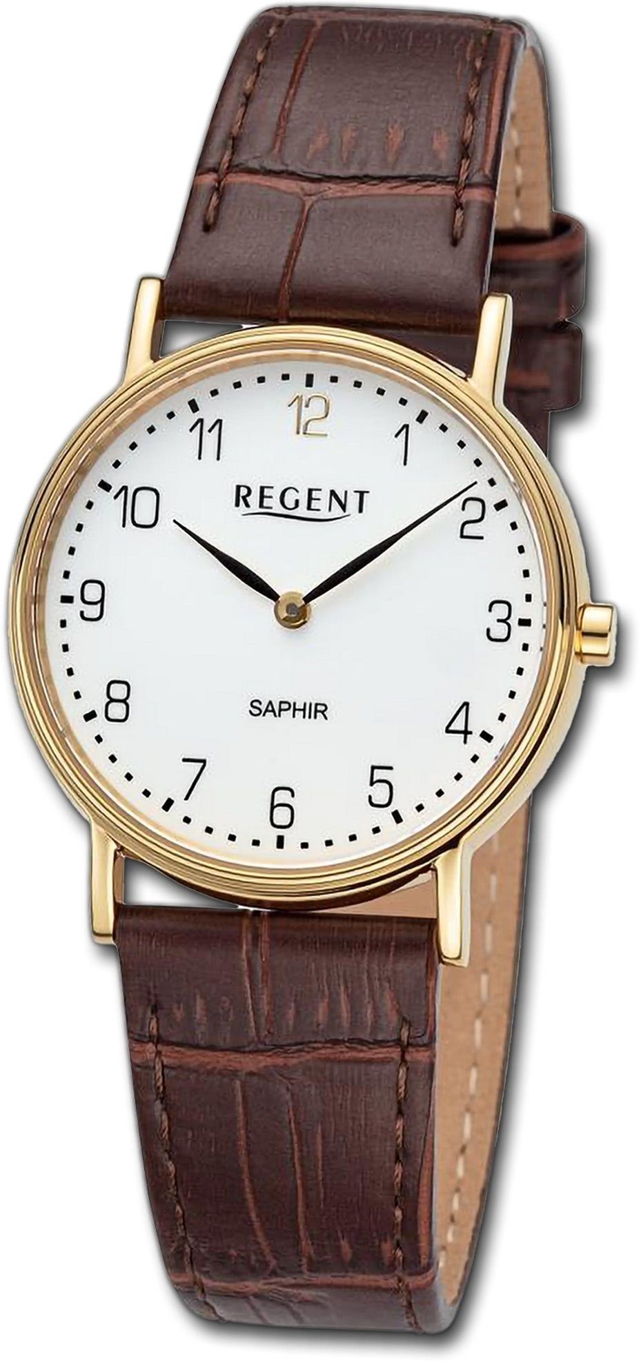 Regent Quarzuhr Regent Damen Armbanduhr Analog, Damenuhr Lederarmband braun, rundes Gehäuse, extra groß (ca. 33mm)