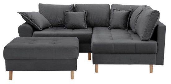 Home affaire Ecksofa Rice L-Form, Set, mit Hocker, Massivholzfüße und Federkernpolsterung Anthrazit Samtopti