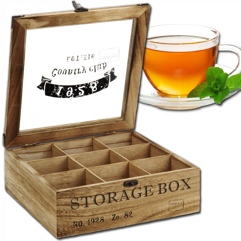 Koopman Teebox Teekiste 9 Fächer Storage Box, (Teekasten, 1-tlg., Platz für ca. 105 Teebeutel), Glasdeckel mit Schrift robuste Scharniere