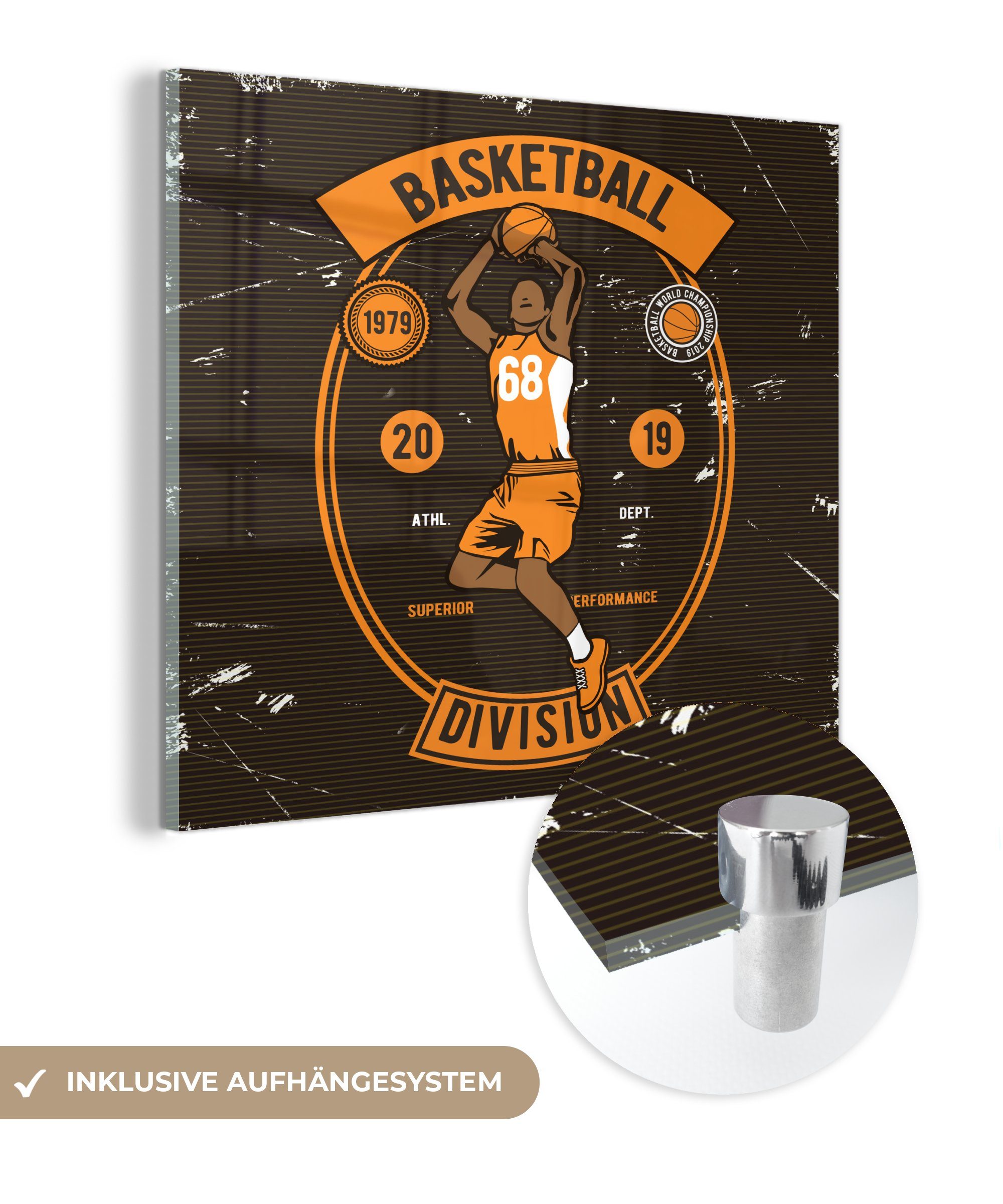 MuchoWow Acrylglasbild Mancave - Basketball - Sport - Vintage - Orange, (1 St), Glasbilder - Bilder auf Glas Wandbild - Foto auf Glas - Wanddekoration