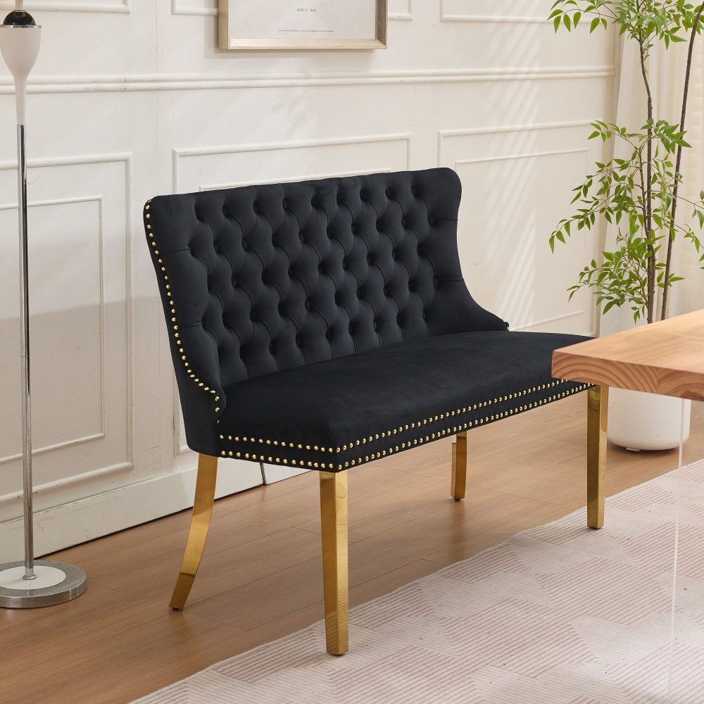 BBWL Polsterbank 2-Sitzer mit Handmade Knöpfen, Wing Back, Samtpolsterung, Velvet Double Dining Loveseat Bank für Küche & Esszimmer, Mid-Century – Bild 3 von 5