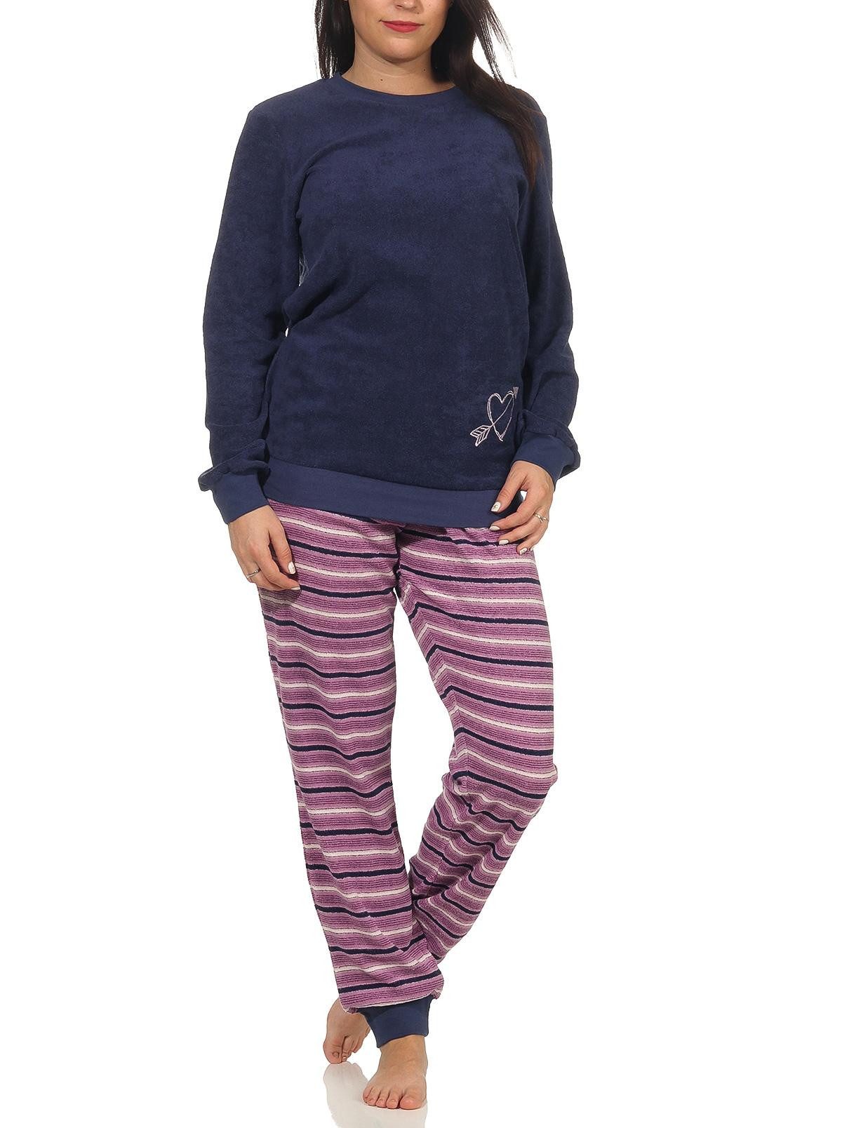 Pyjama Damen Frottee Pyjama mit Bündchen, Oberteil mit Herz Motiv