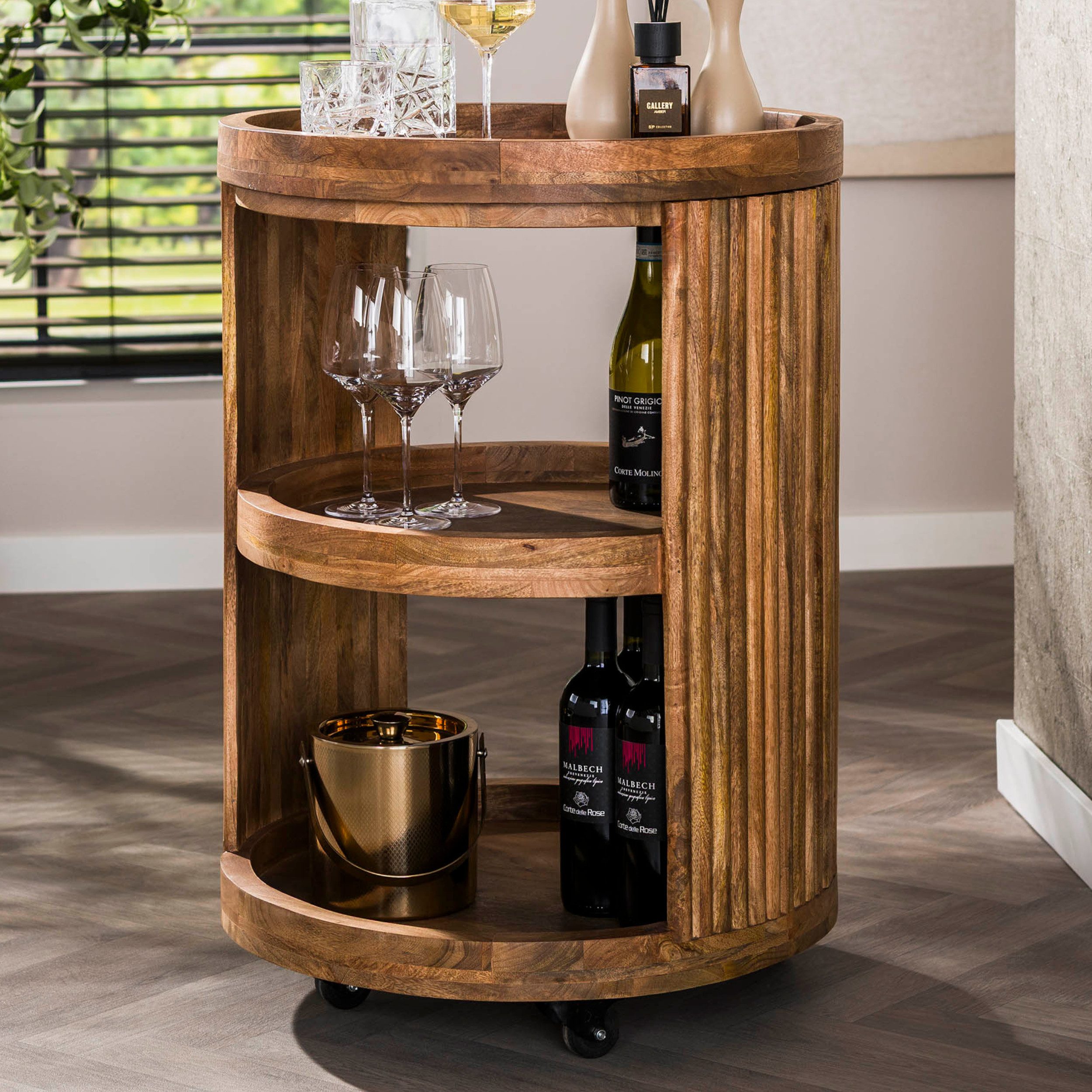 alesvelt Servierwagen WAVE ELEGANCE Runder Barwagen aus Mangoholz mit Lamellen-Design, 55x79cm