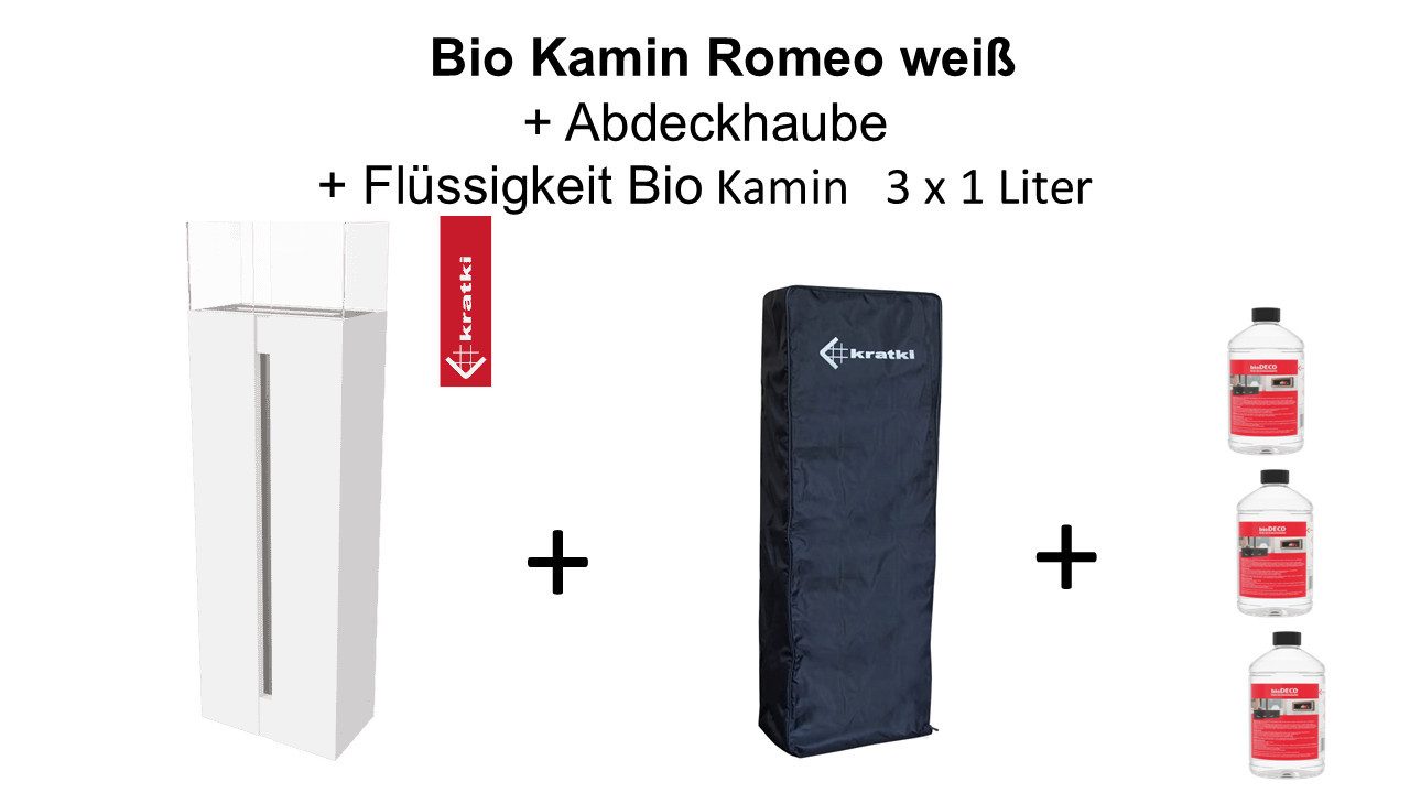 Kratki Echtfeuer-Dekokamin Kamin Freistehend ROMEO weiß TÜV + Abdeckhaube + 3 Ltr. Bio, Bio Ethanol Kamin TÜV geprüft