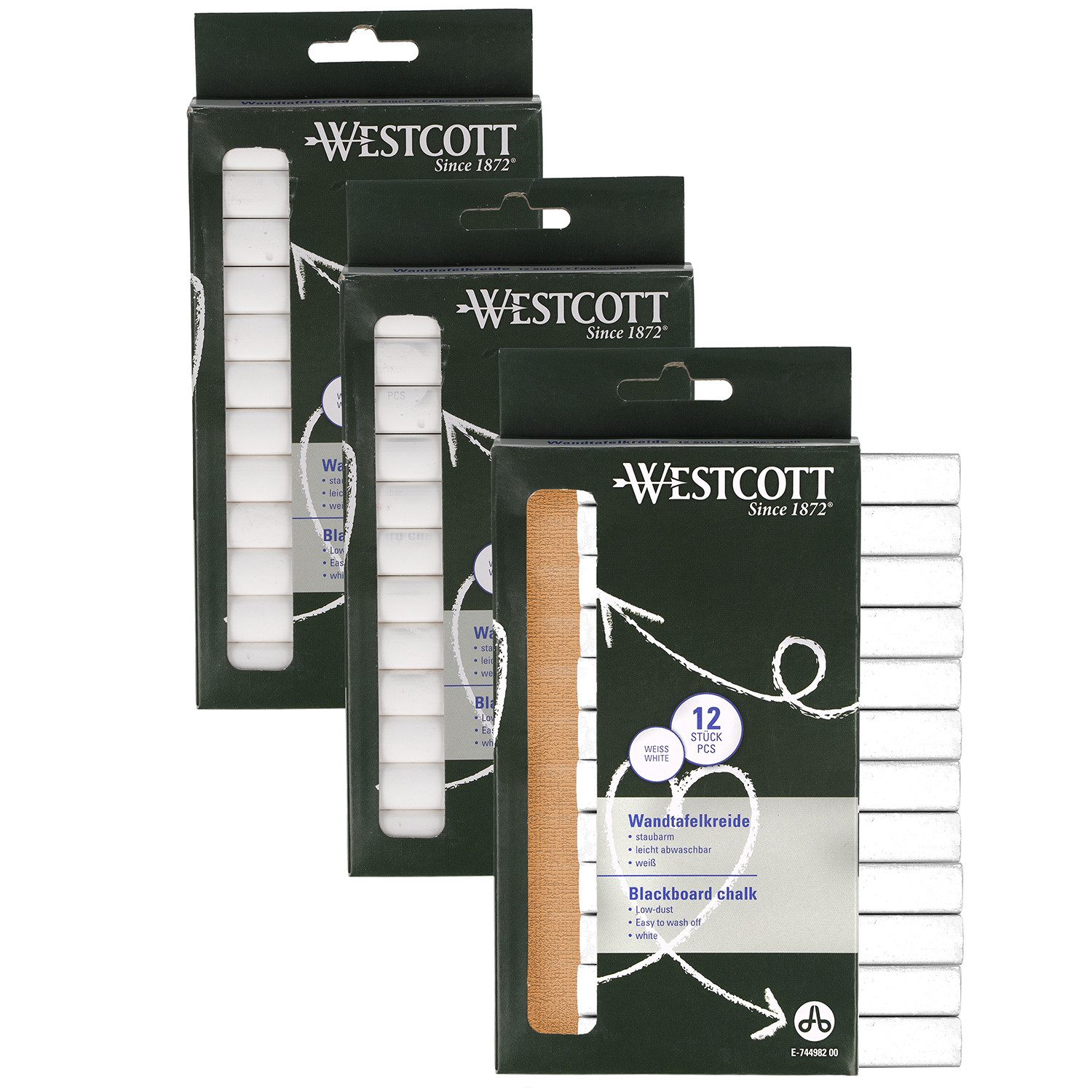WESTCOTT Malkreide Мел 12 Stück Weiss (3er-Set), Мел 1,2cm ⌀ x 8,5cm, (Vorteilspack, 3-tlg), staubarm & leicht abwischbar