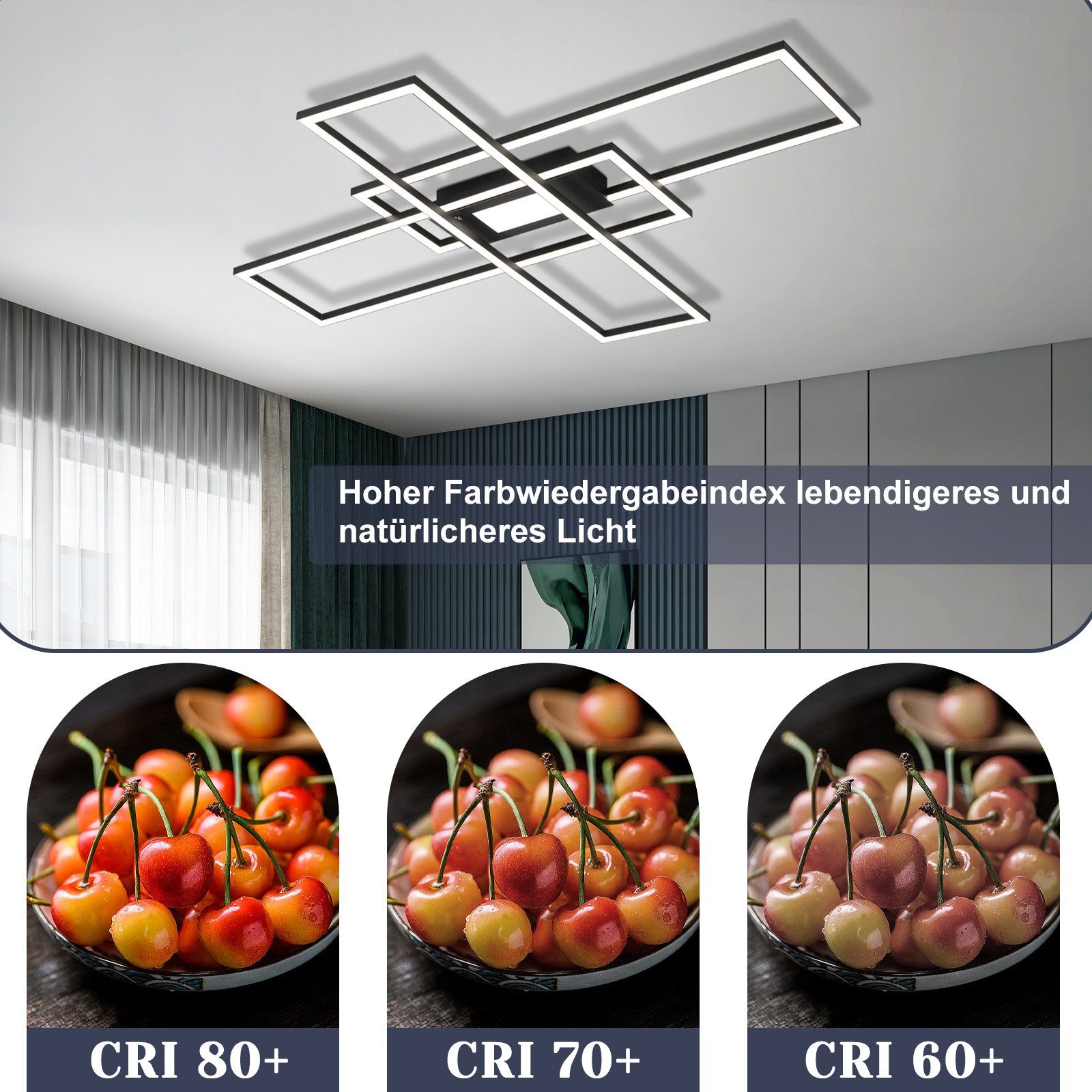 Schwarz Deckenbeleuchtung integriert, ZMH 50W Schlafzimmer LED Wohnzimmerlampe Modern fest mit Deckenleuchte Wohnzimmer Design, LED Schlafzimmerlampe Fernbedienung