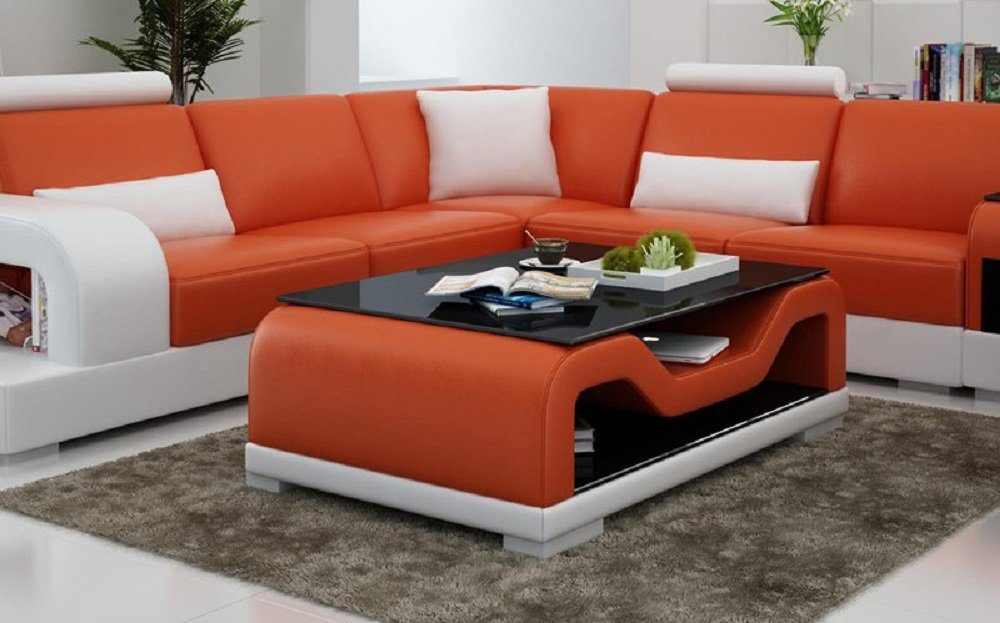 Orange/Weiß Wohnzimmer Moderner Tische Couchtisch Leder Design Couchtisch JVmoebel Glas Glastisch