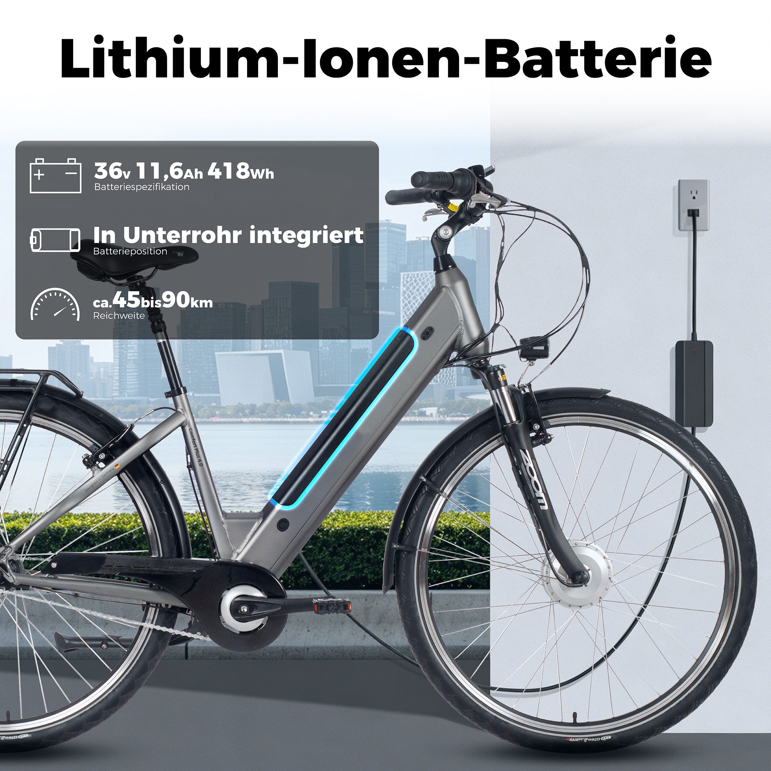 SAXXX E-Bike Cityrad 28 Zoll, max.90km, Federsattelstütze, Federgabel mit Lockout, V-Bremse, 7 Gang Shimano NEXUS Schaltwerk, Nabenschaltung, Frontmotor, 418 Wh, 5 Stufen, max. 130 kg, Pedelec, Elektrofahrrad für Damen und Herren