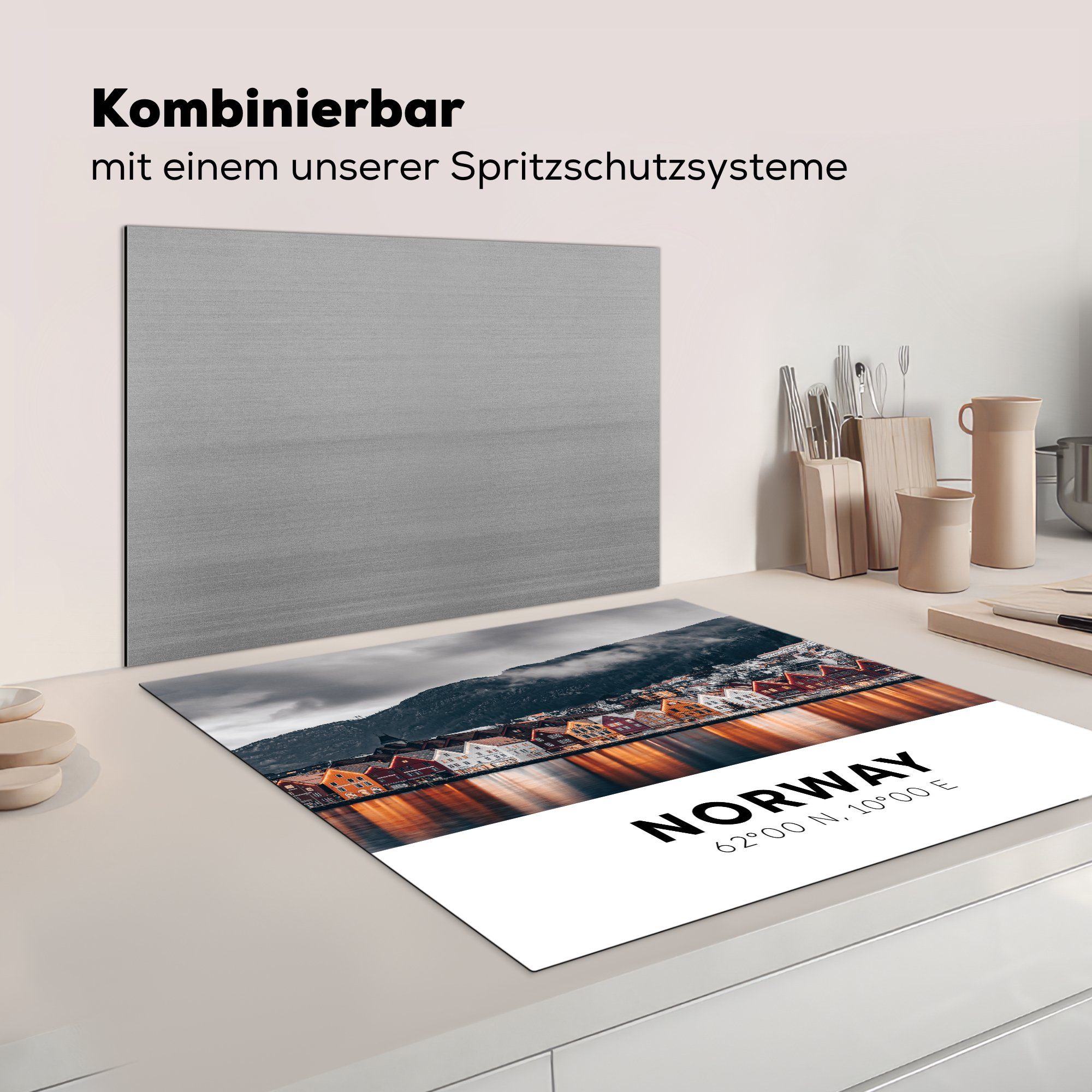 Skandinavien, cm, (1 MuchoWow tlg), Norwegen Arbeitsplatte Ceranfeldabdeckung, - Herdblende-/Abdeckplatte küche - Bergen für 78x78 Vinyl,