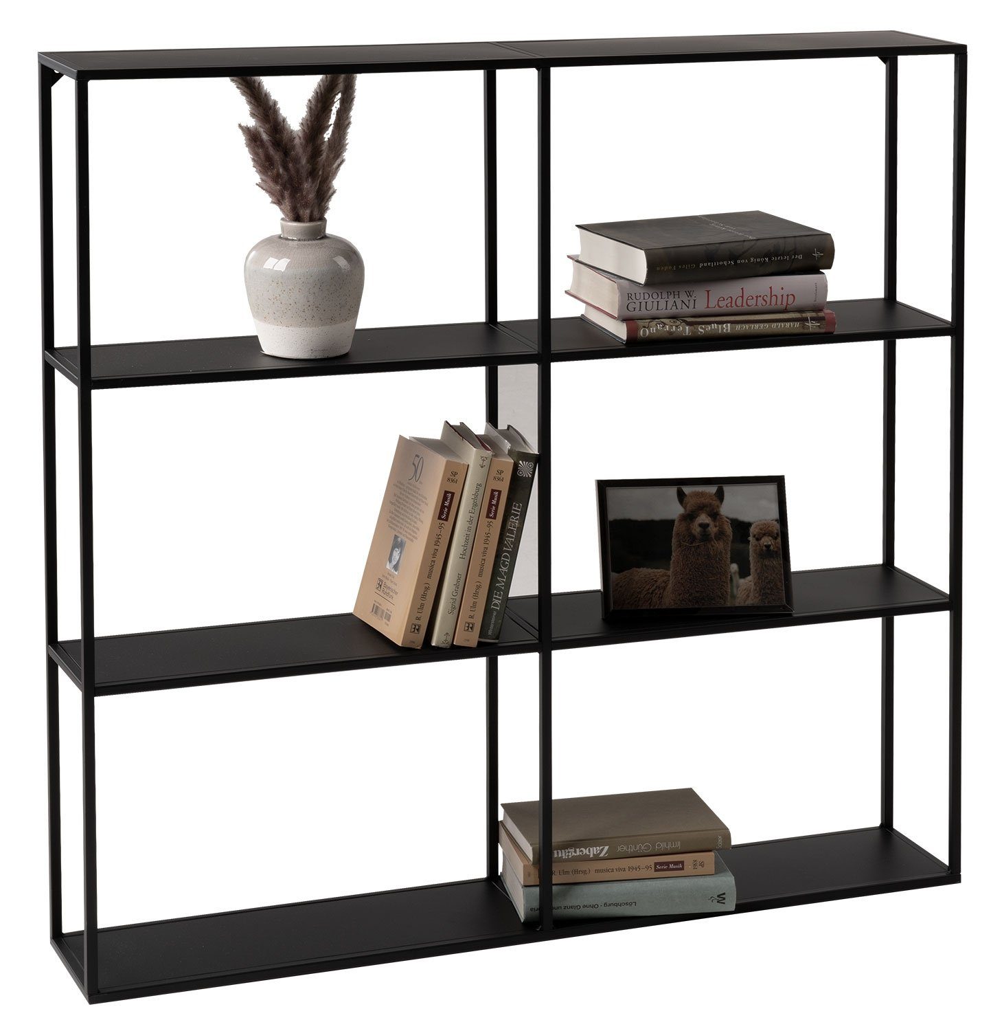 Home4You Wandregal, B 90 x H 90 cm, Schwarz, Metall, mit Ablageflächen