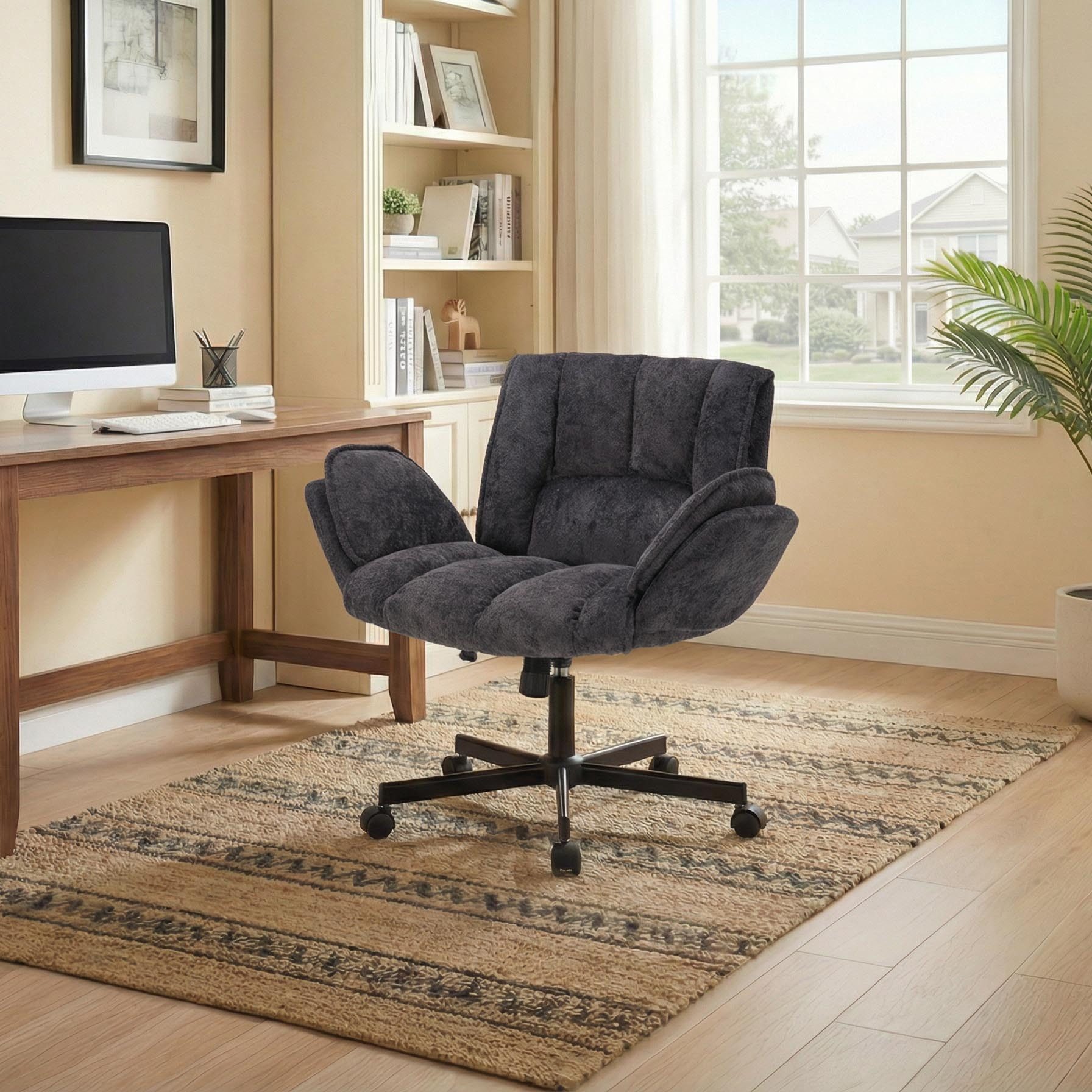 Vankel Polsterstuhl Bürostuhl ergonomisch mit Rollen & klappbaren Armlehnen, Breiter Schreibtischstuhl mit Air-Lordosenstütze, 150 kg