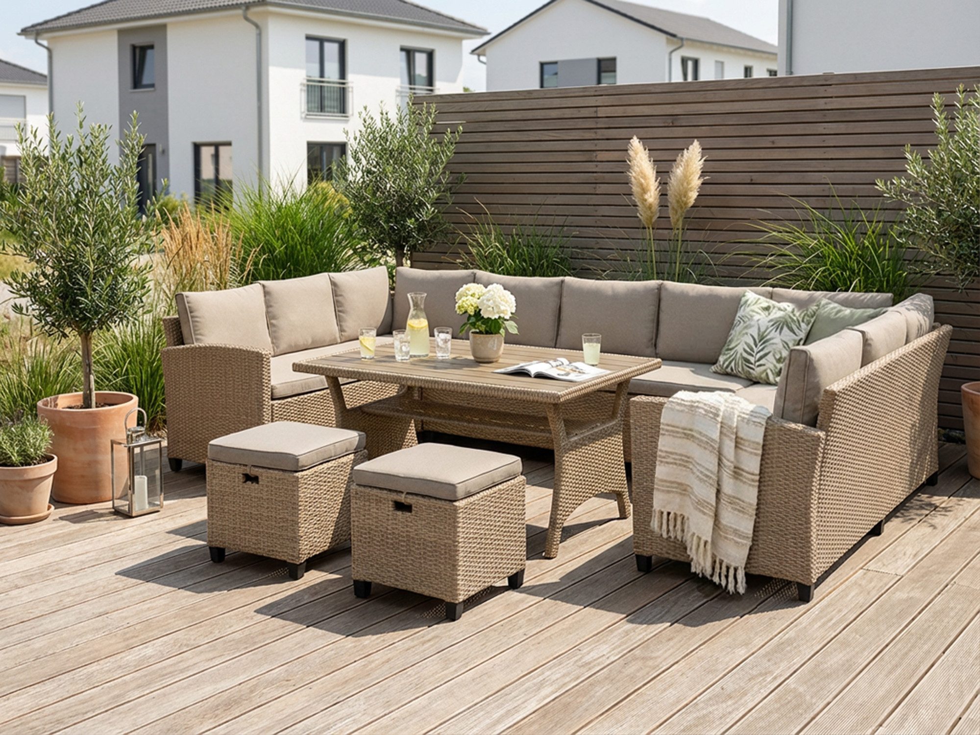 KONIFERA Gartenlounge-Set Rotterdam, (Set, 20-tlg., 3x 3er Sofa, 2x Hocker, 1x Tisch 120x82x67cm, inkl. Auflagen), Polyrattan, Stahl, Tischplatte aus Nonwood