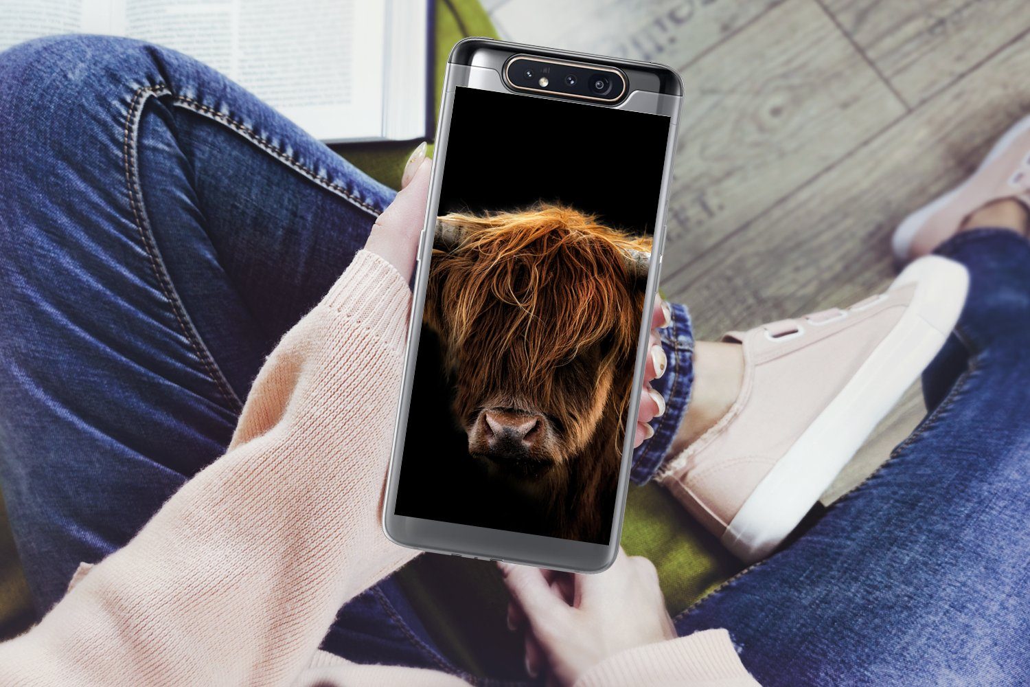 MuchoWow Handyhülle für Samsung Galaxy A80 Schottischer Highlander - Hörner - Schwarz - Ti, Phone Case, Silikon, Schutzhülle Dünn