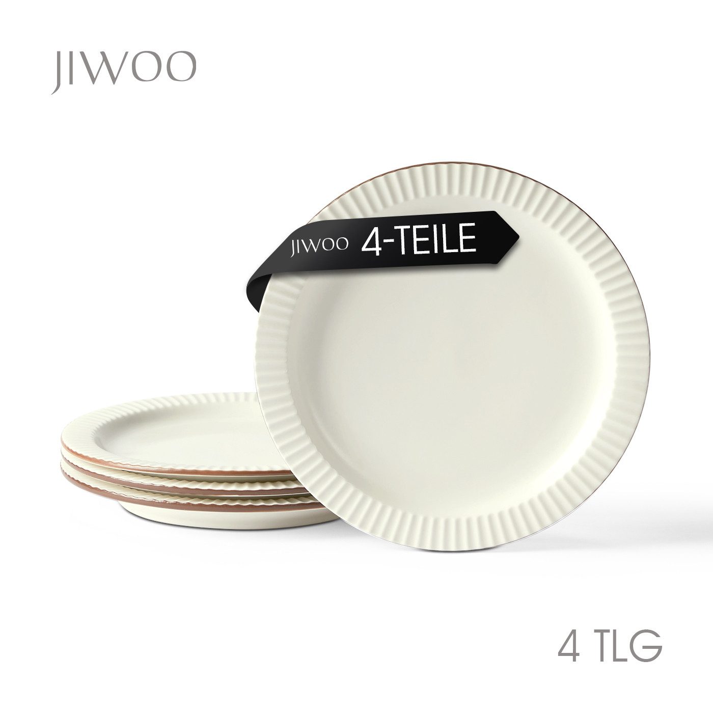 JIWOO Teller 4er Ø21,4cm, Salatteller Frühstücksteller Pastateller Dessertteller, (4 St), Keramik Hochwertiges Tellerset Beige Mikrowellen spülmaschinenfest