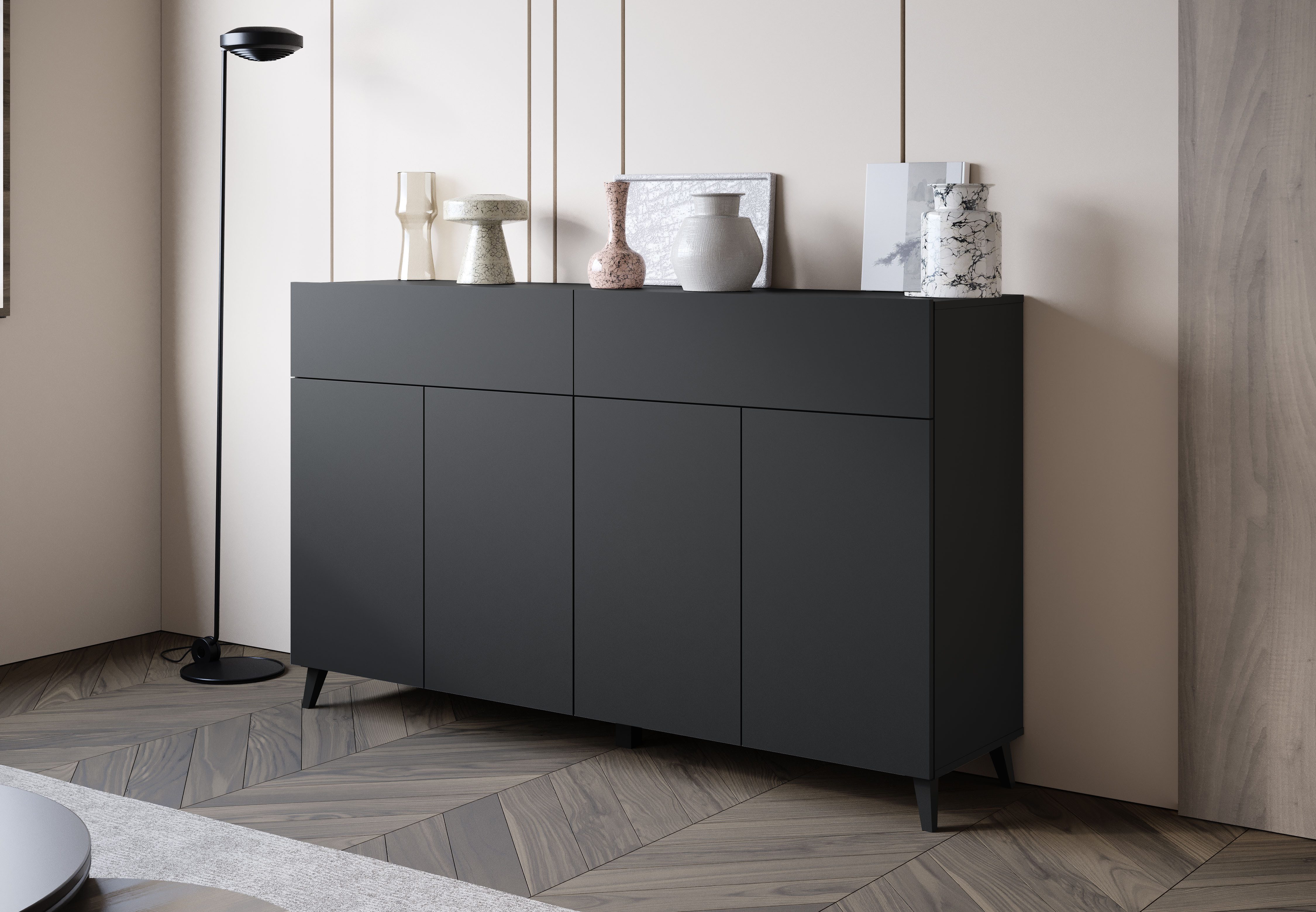 Home affaire Sideboard Phuket mit 4 Türen und 2 Schubladen, 160 cm breit (1 St), Grifflose Kommode mit Push-to-Open und viel Stauraum