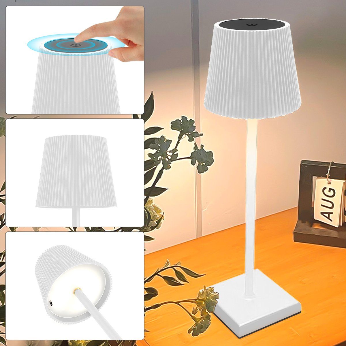 Simloveve LED Tischleuchte Tischlampe Kabellos Aufladbar, Akku Tischlampe Outdoor IP54, Touch-Dimmbar von 5–100 % Helligkeit, mit 3 Lichtfarben (3000/4000/6000K), LED fest integriert, Kaltweiß, Naturweiß, Warmweiß, USB-C, für Innen & Außen, 2-fach höhenverstellbar