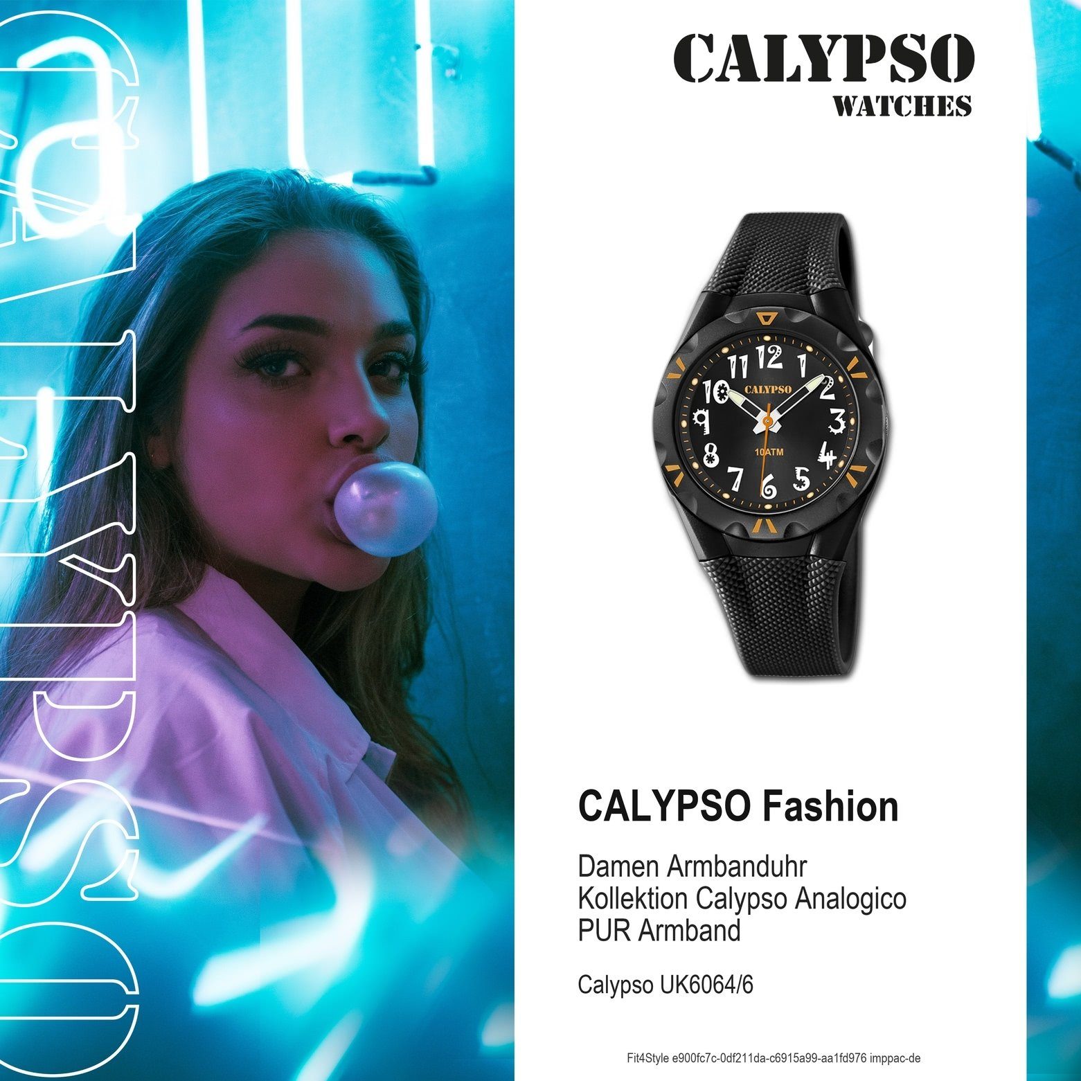 CALYPSO WATCHES Uhr Damen rund, schwarz, Quarzuhr Damen K6064/6 Armbanduhr Calypso Kunststoffband, Fashion PURarmband