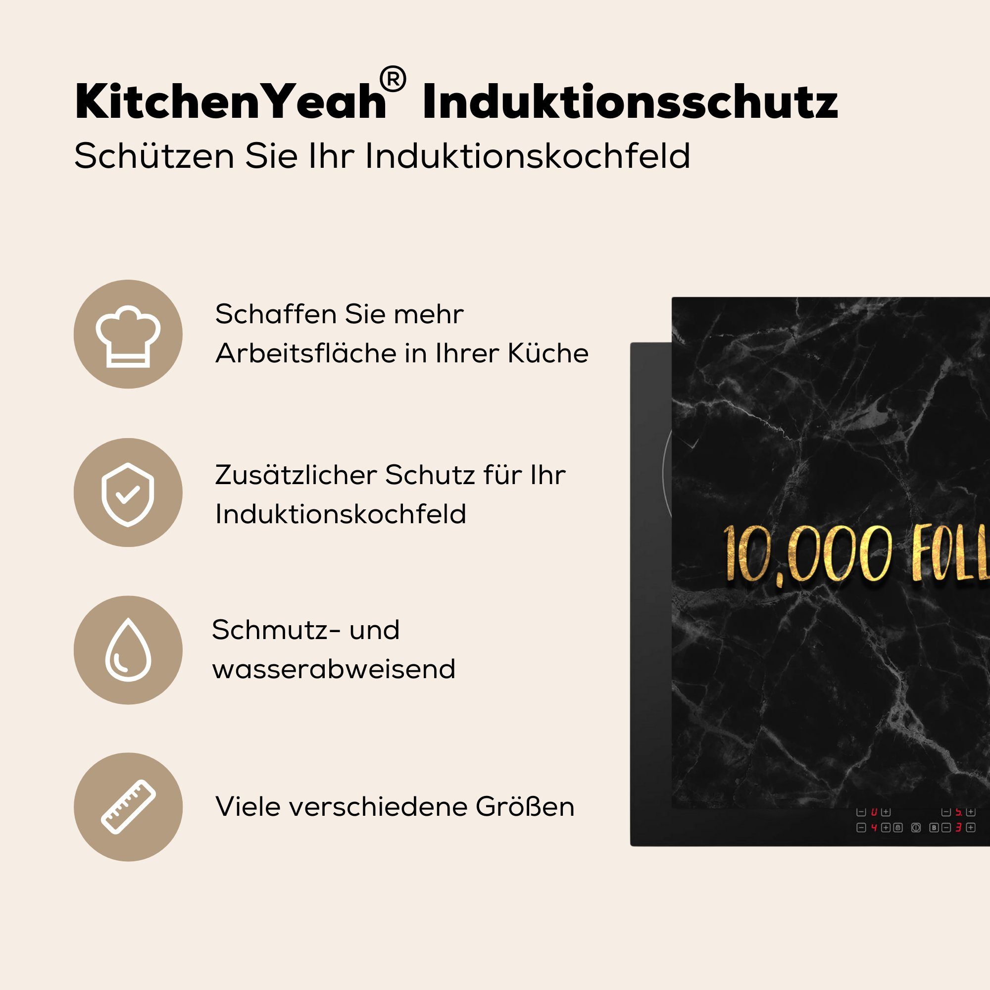 MuchoWow Herdblende-/Abdeckplatte Soziale Medien - Marmor, (1 für - tlg), Gold küche Arbeitsplatte Ceranfeldabdeckung, 78x78 - cm, Vinyl, Instagram