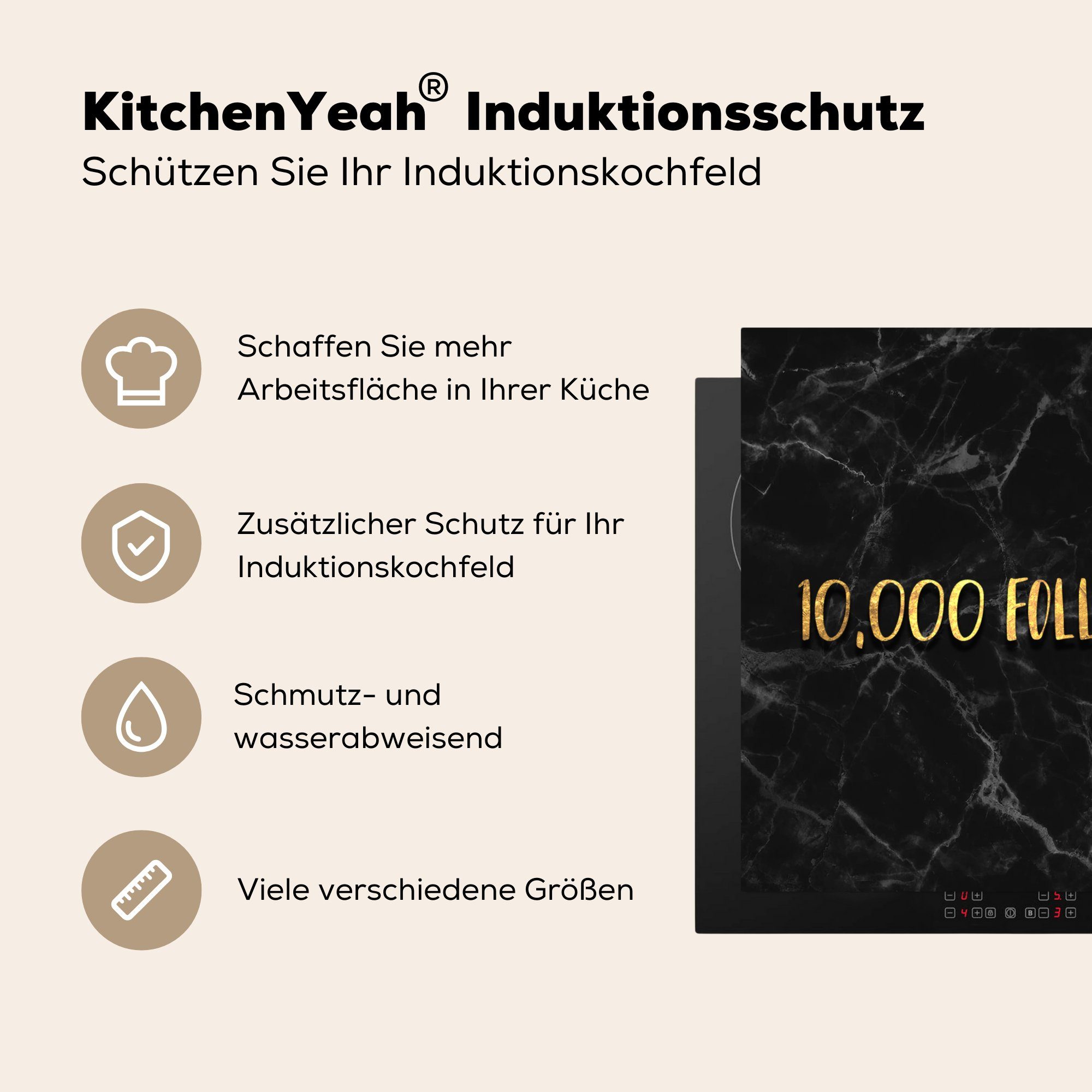 Soziale für MuchoWow küche (1 tlg), Medien Ceranfeldabdeckung, - Gold Vinyl, - 78x78 Arbeitsplatte - cm, Instagram Herdblende-/Abdeckplatte Marmor,