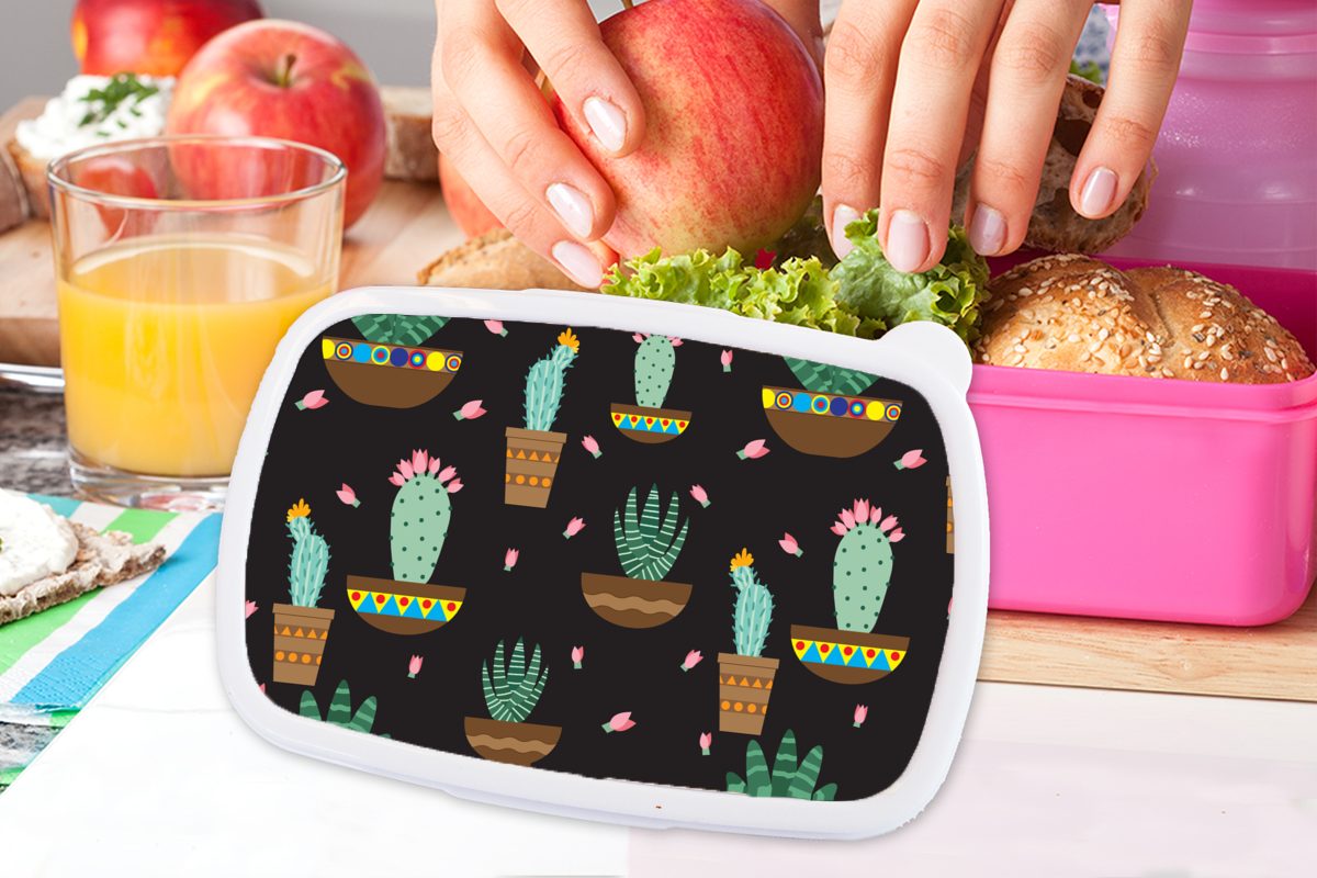 MuchoWow Lunchbox Kaktus - Kunststoff, Mädchen, Snackbox, Brotdose Muster - rosa Erwachsene, für (2-tlg), Kinder, Brotbox Pflanzen, Kunststoff