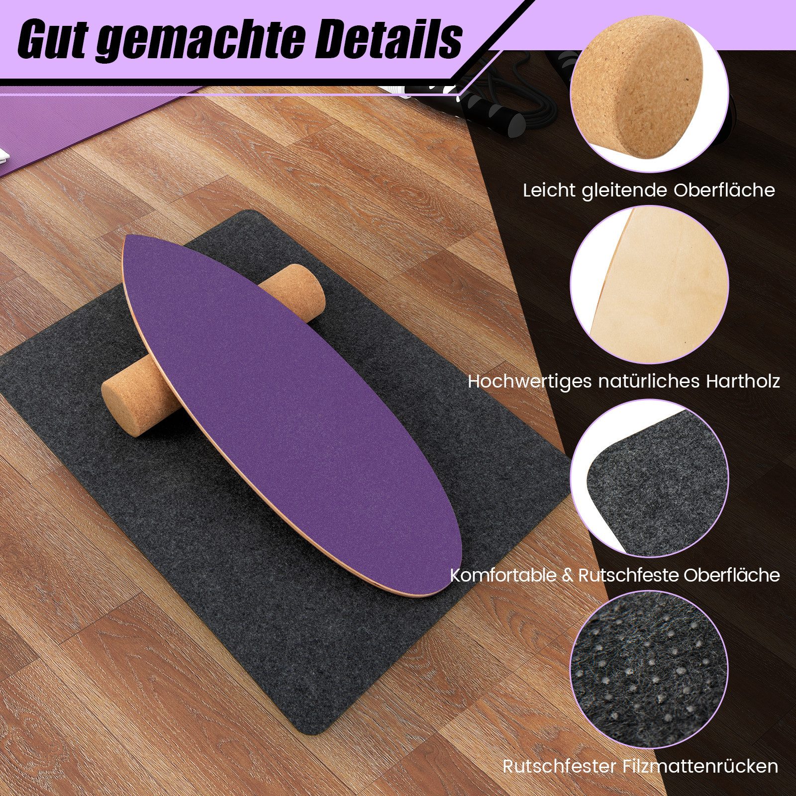 COSTWAY Balanceboard, aus Holz, für zuhause, inkl. Korkrolle, bis 227kg