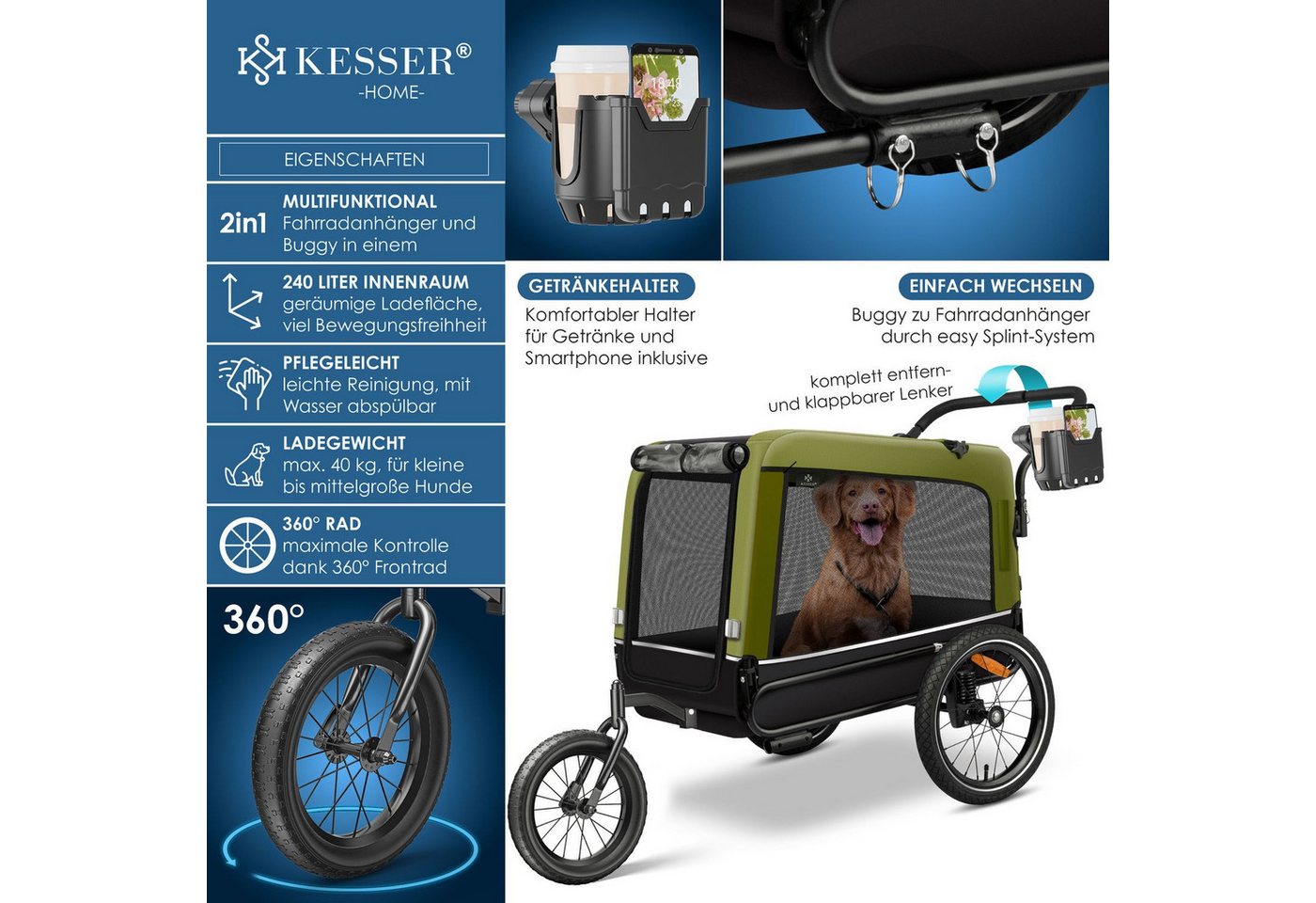 Thumbnail - KESSER Fahrradhundeanhänger, Hundeanhänger Boxer 3-in-1 Hundebuggy Jogger Fahrradanhänger