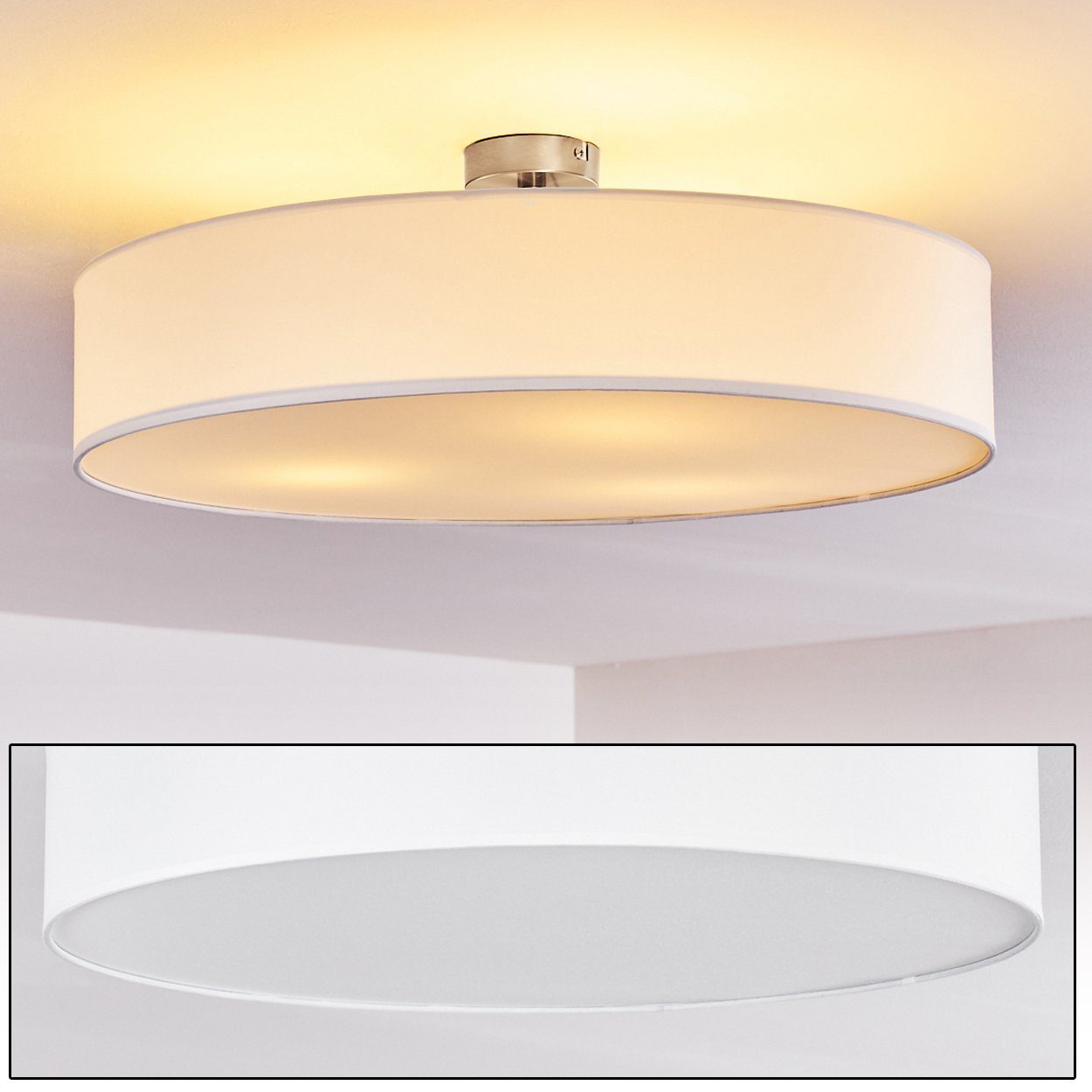 hofstein Deckenleuchte »Mels« runde Deckenlampe mit Lampenschirm aus Stoff in Weiß, ohne Leuchtmittel, Ø60cm, LED-fähig, 3xE27, 40 Watt, Retro-Design