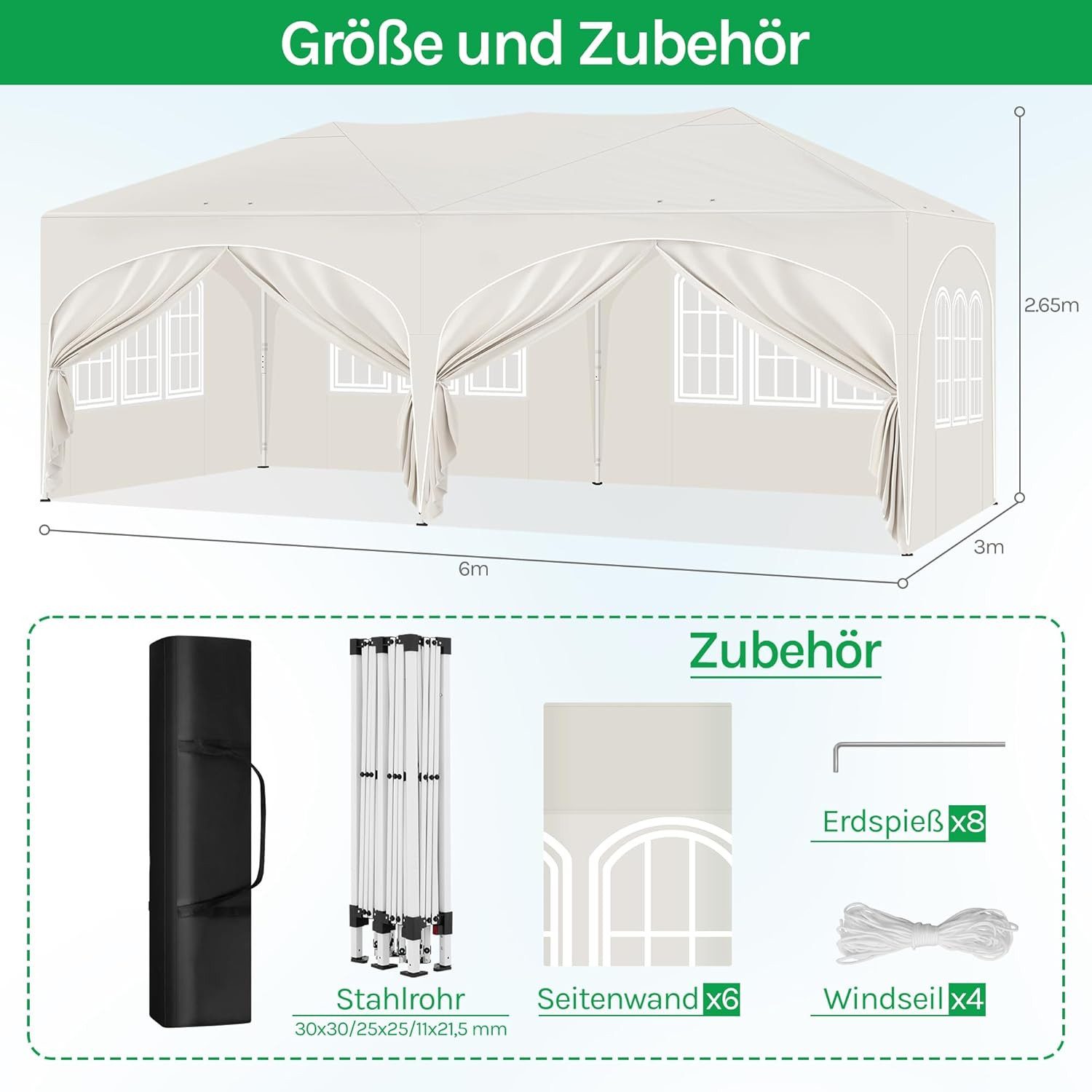 EUGAD Pavillon, mit 6 Seitenteilen, 3x6 m, Pop-Up Faltpavillon, für Camping Strand Garten, mit Tasche