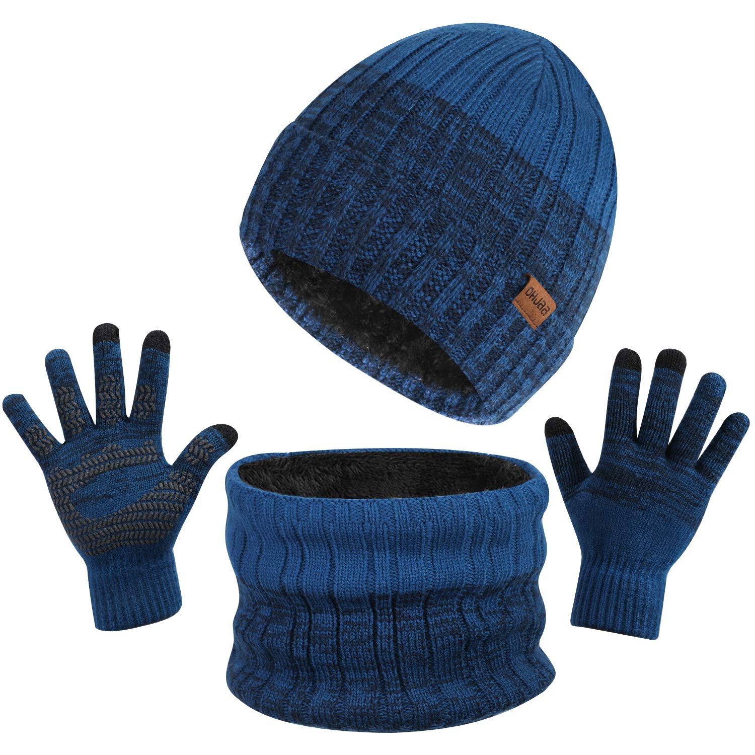 Autrucker Mütze & Schal Wintermütze-Set für Damen und Herren, Beanie, Schal und Handschuhe ultrawarm, weich, elastisch, mit dickem Fleece-Futter