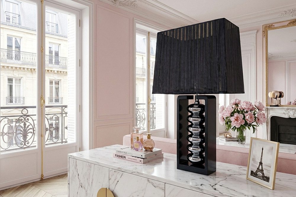 riess-ambiente Tischleuchte GRACIA 55cm schwarz/silber - Stoffschirm, Holzfuß, Modern Design, Ein-/Ausschalter, ohne Leuchtmittel, mit neigbarem Lampenschirm –  – Bild 4 von 5