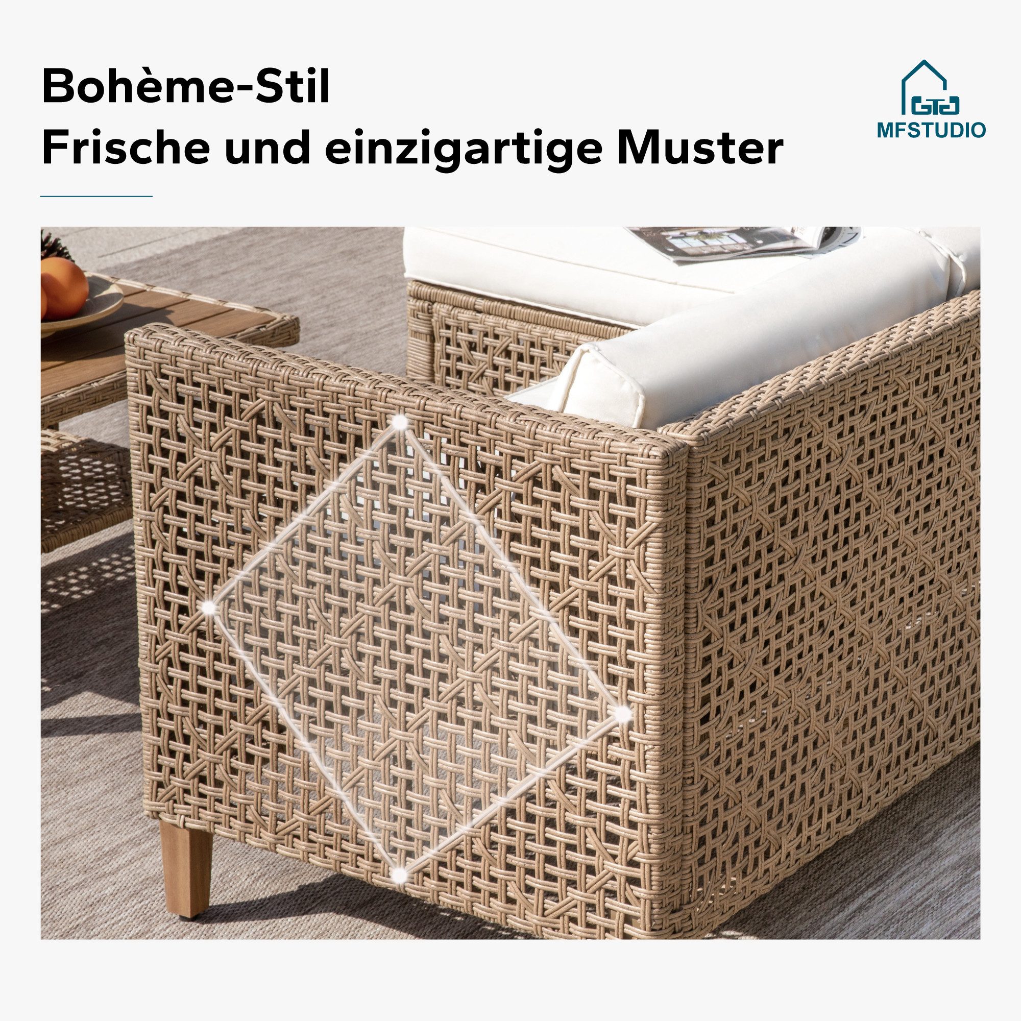 PHI VILLA Gartenlounge-Set, (1 Zweisitzer-Sofa, 1 Chaiselongue und 1 Kleiner Couchtisch, PE Rattan Lounge Möbel Outdoor), 4 Personen Terassenmöbel Außen Gartensofa, Beige und Dunkelblau