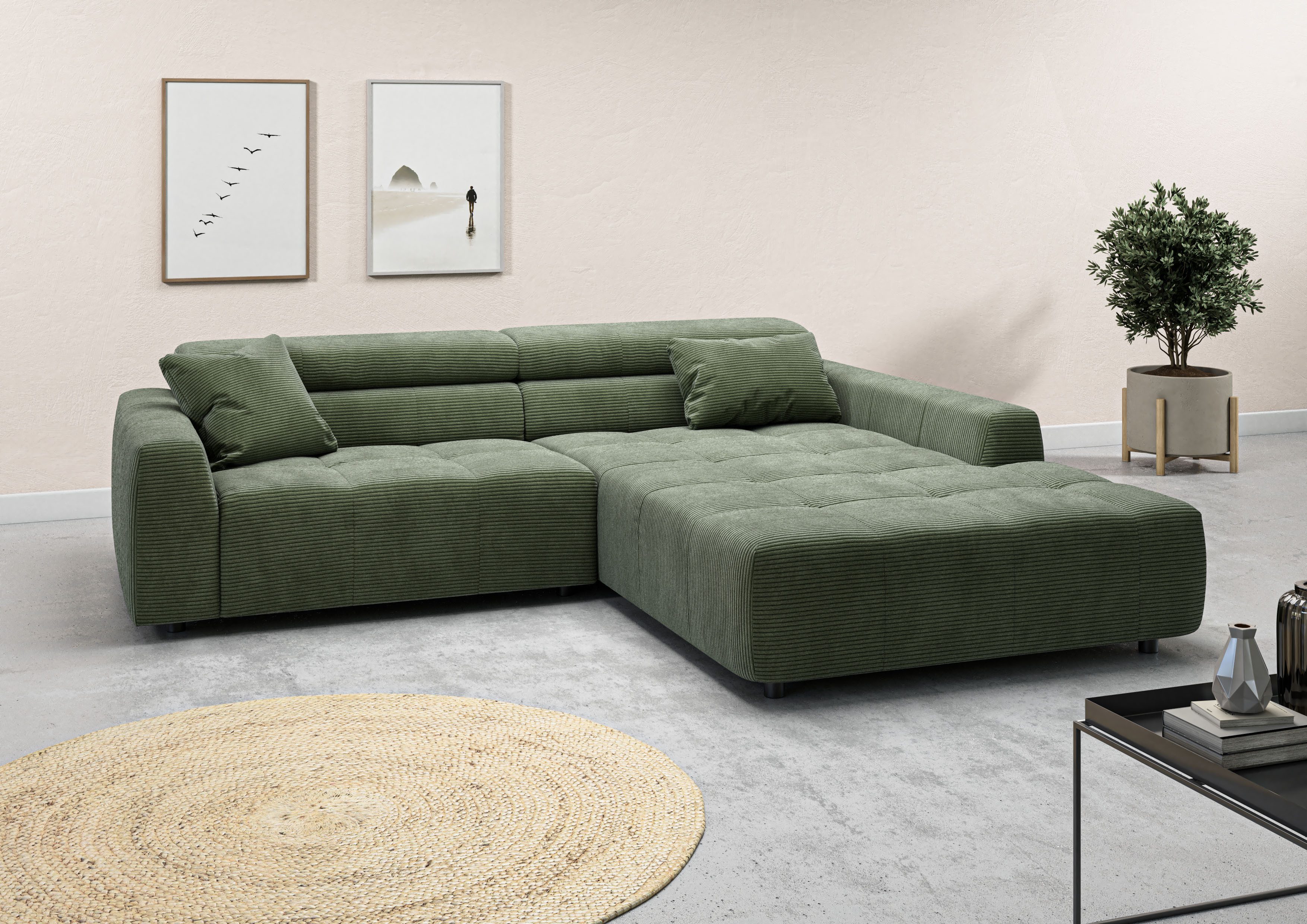 Ecksofa Denver auch mit Cord- und Easy care-Bezug, Kopfteilverstellung L-Form
