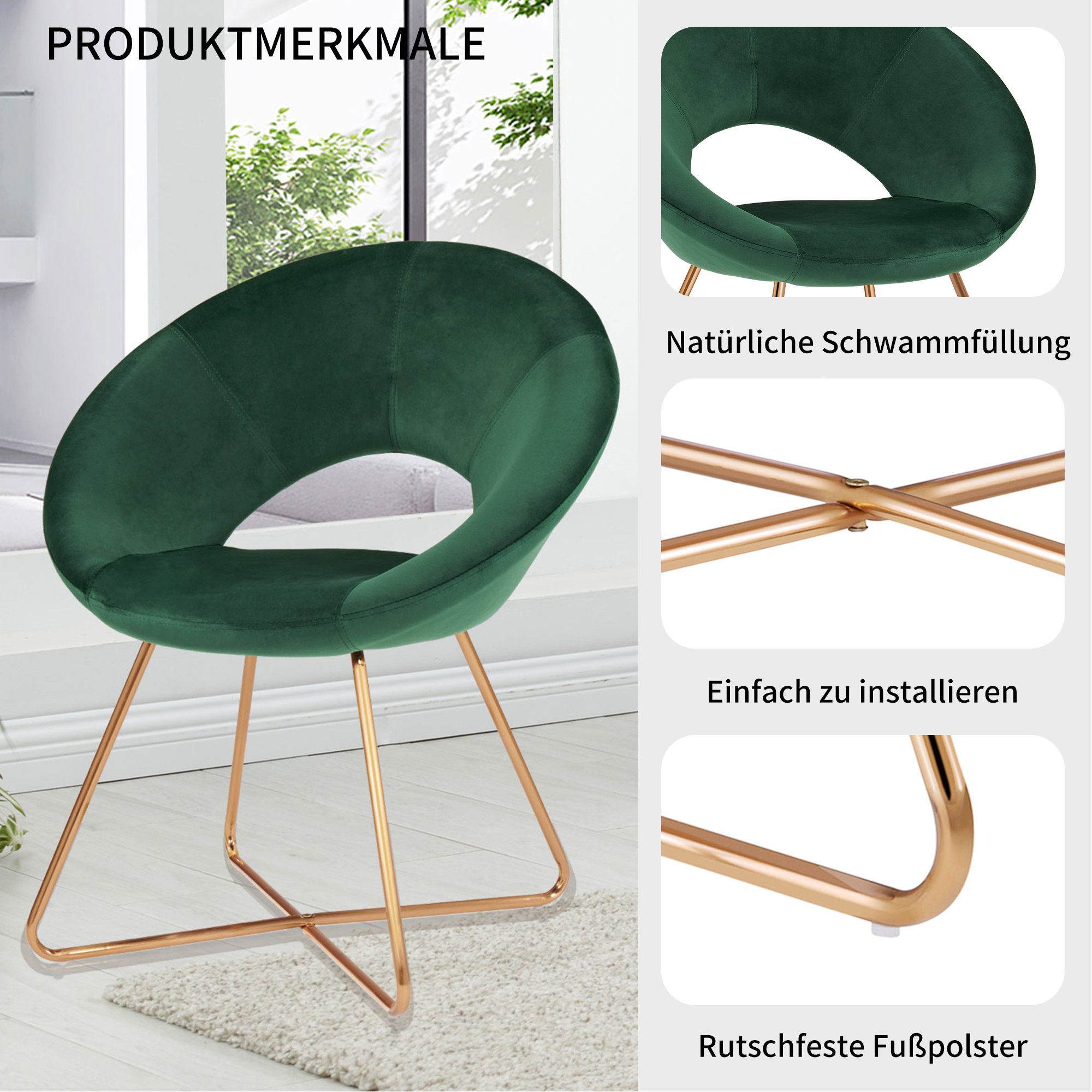 aus Dunkel Polsterstuhl Sessel, Grün Metallbeine Gold Wohnzimmerstuhl Duhome Esszimmerstuhl Loungesessel, Samt,