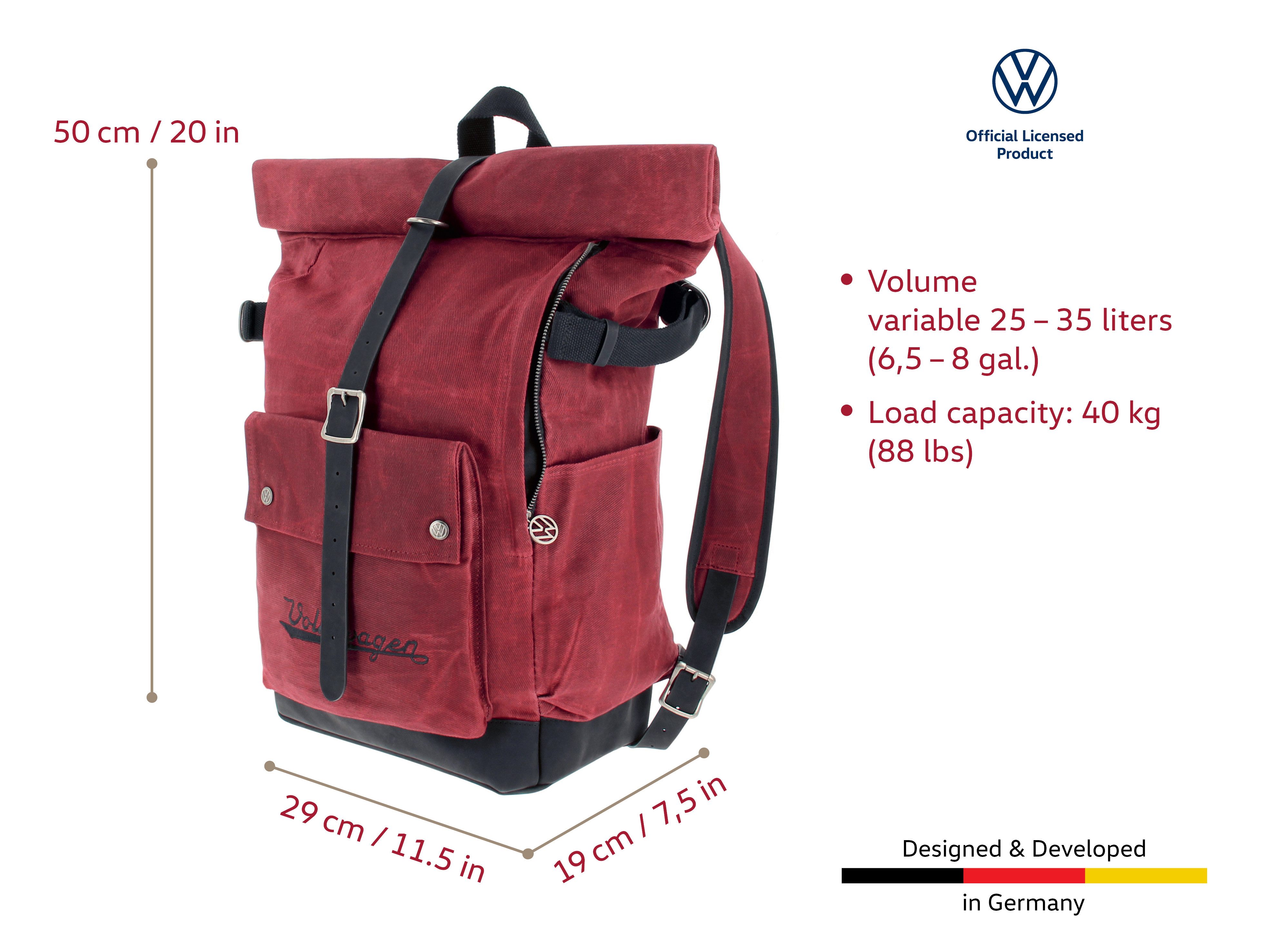 VW Collection by BRISA Reiserucksack Volkswagen Rolltop Rucksack (Stück, 1-tlg., für alle VW Fans), echtes Rindlsleder sowie gewachstem Segeltuch
