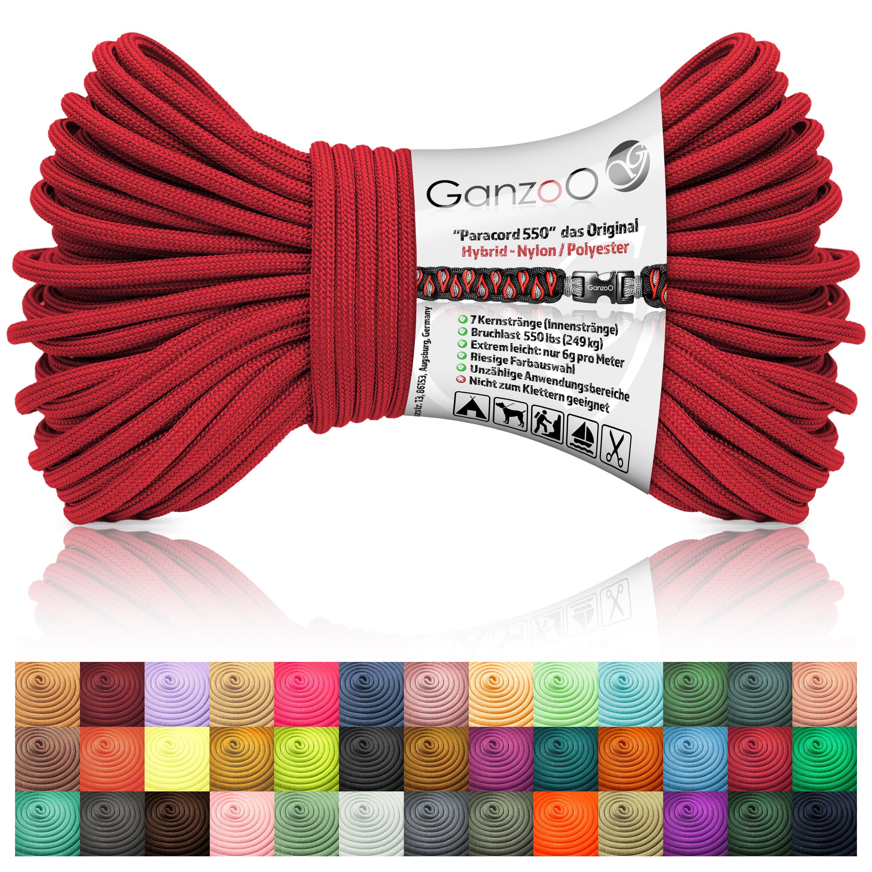 Ganzoo Paracord 550 Seil / Typ III "Hybrid" / Ruby Seil